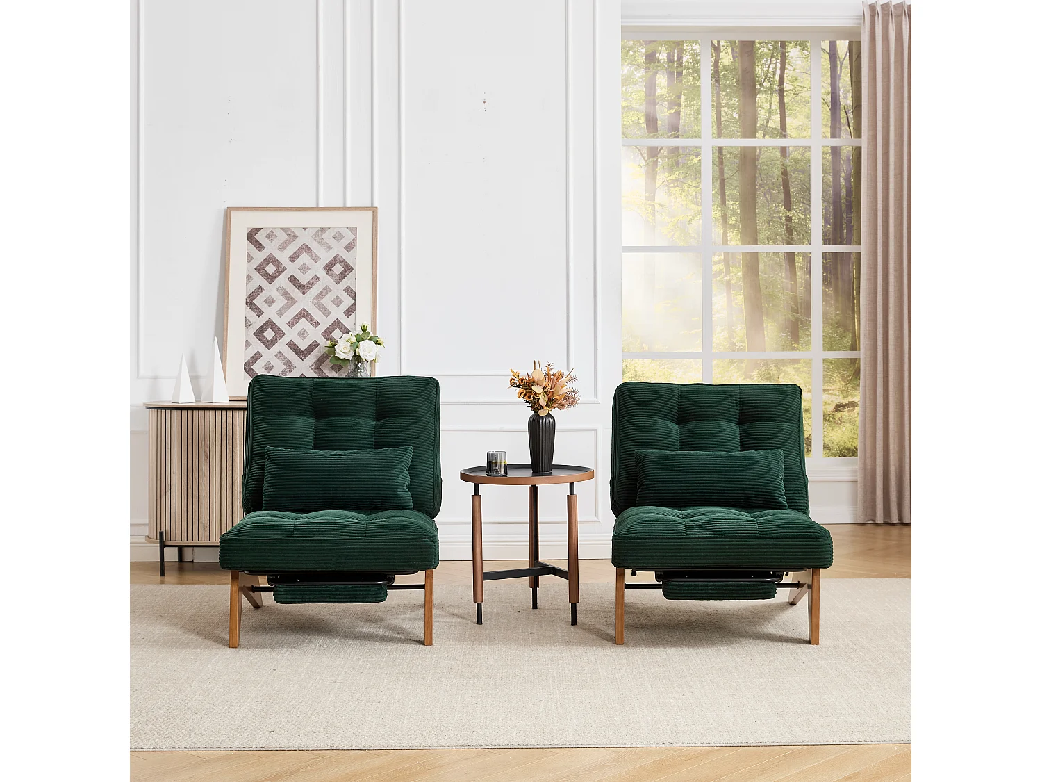 Fauteuil convertible simple, clic clac, dossier réglable sur 2 niveaux, Velours côtelé vert émeraude