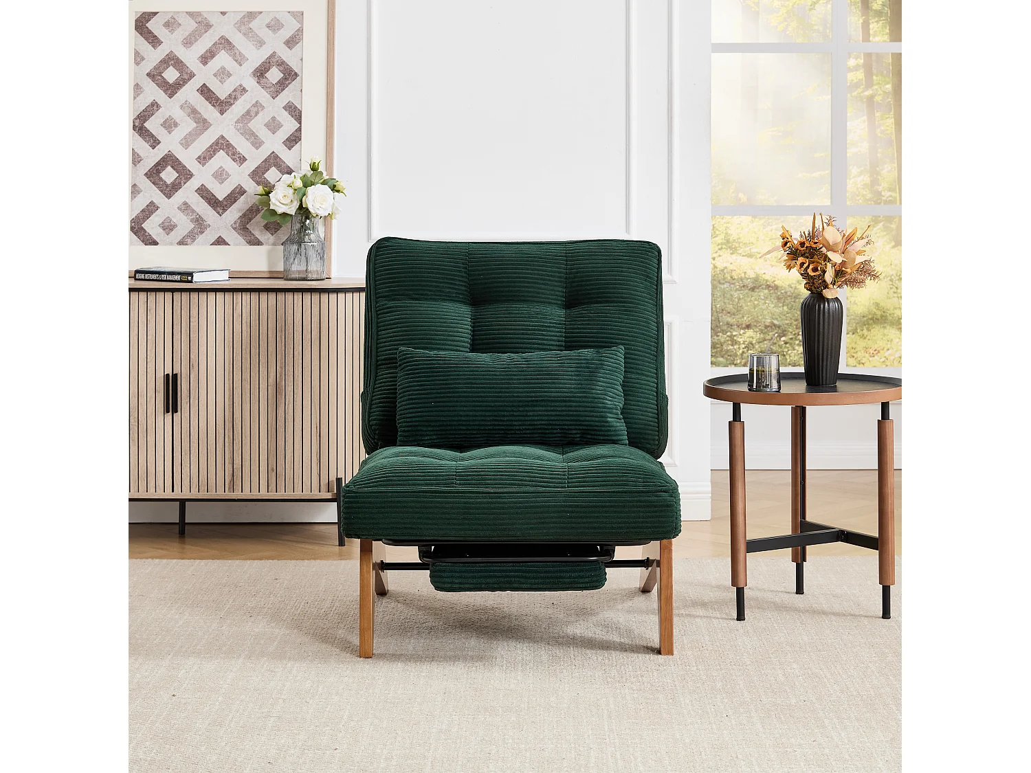 Fauteuil convertible simple, clic clac, dossier réglable sur 2 niveaux, Velours côtelé vert émeraude