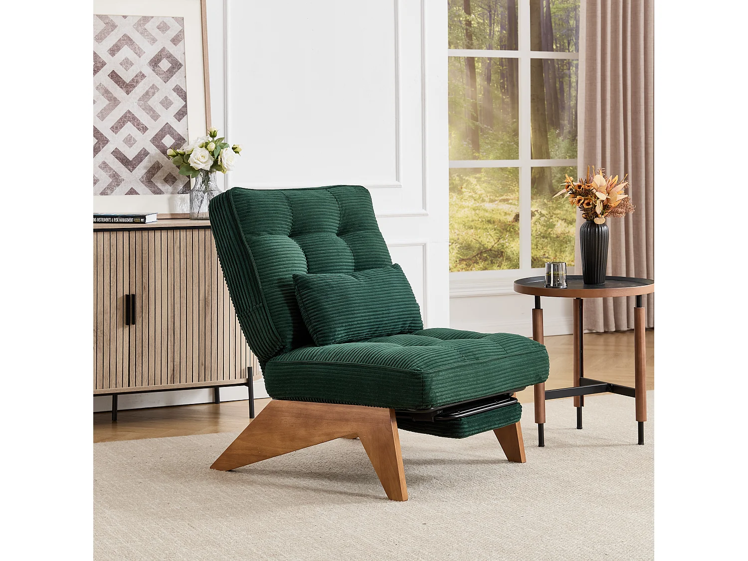 Fauteuil convertible simple, clic clac, dossier réglable sur 2 niveaux, Velours côtelé vert émeraude