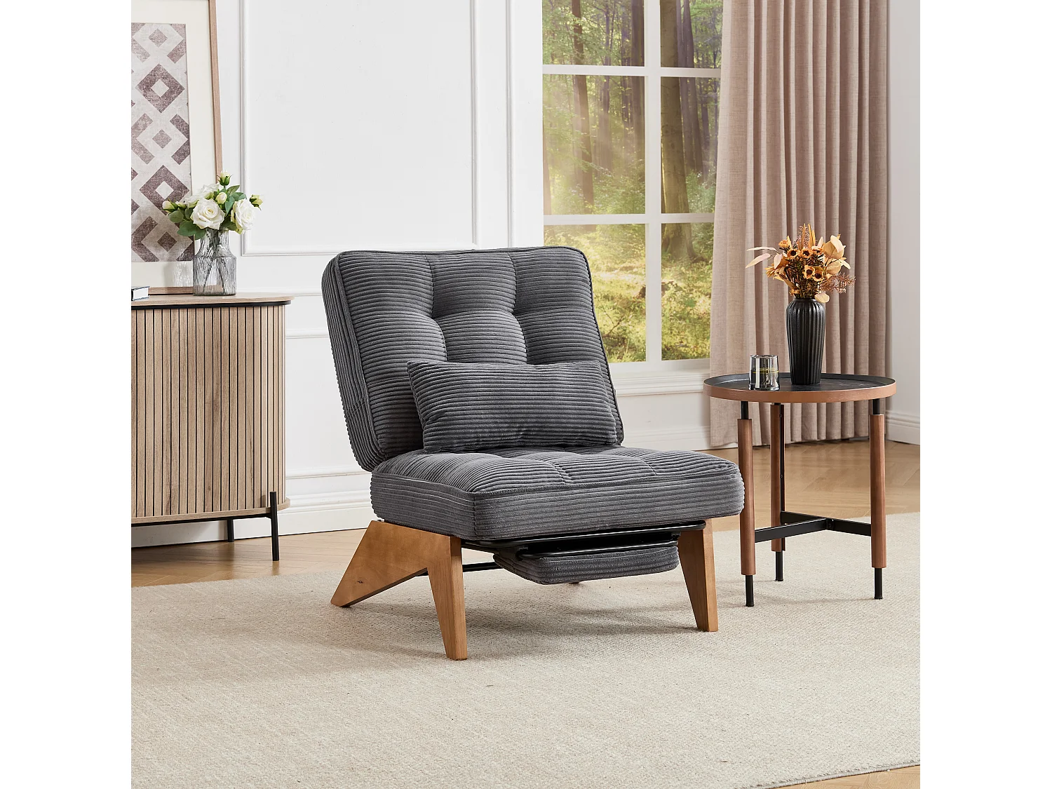 Fauteuil convertible simple, clic clac, dossier réglable sur 2 niveaux, Velours côtelé Gris