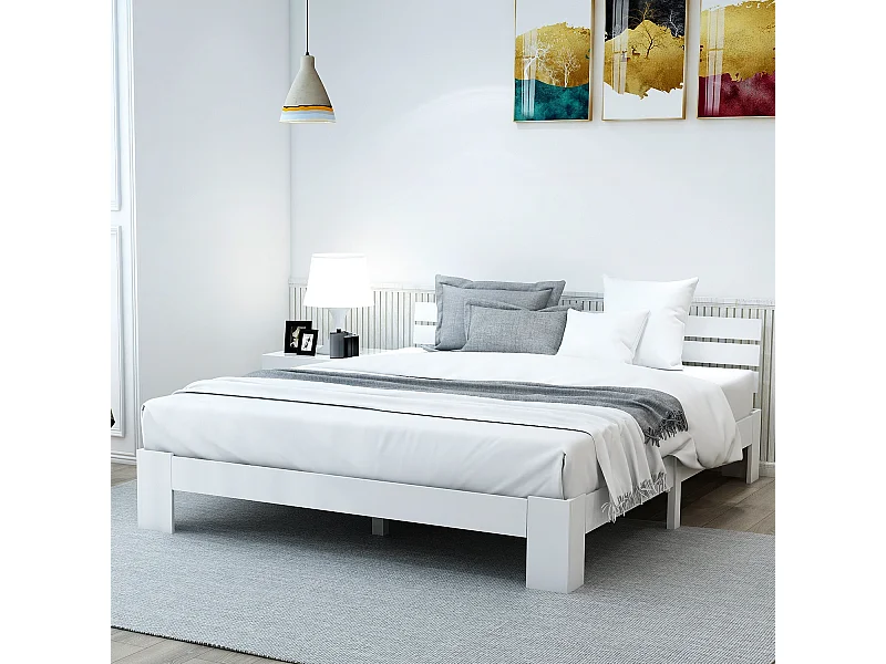 Lit double en bois blanc 140x200cm, tête de lit, espace de rangement, style simple, sans matelas