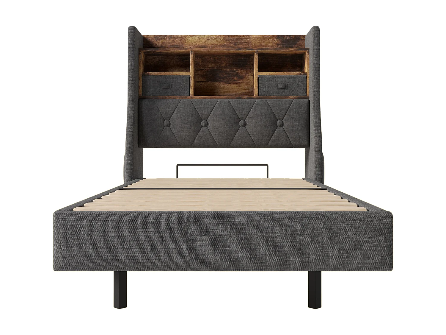 Lit simple moderne 90 x 200 cm, port USB et Type-C, rangement, LED, Lit flottant, Lin gris, sans matelas