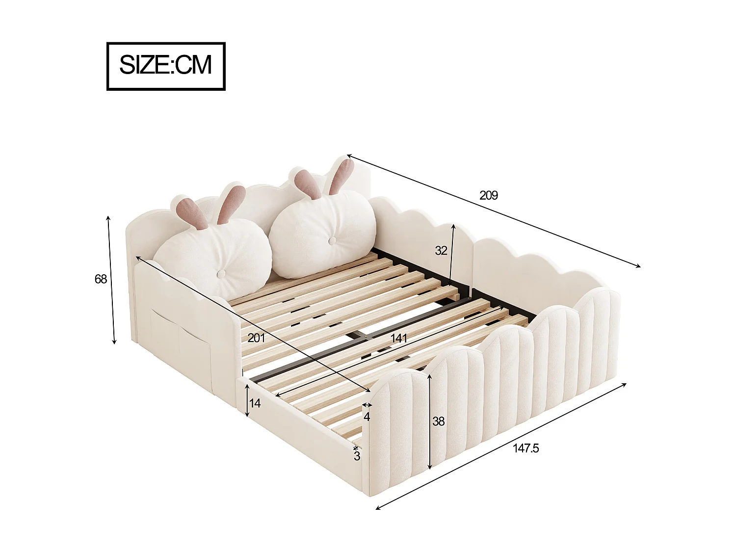 Lit enfant double 140 x 200 cm, coussin en forme de lapin, en MDF + velours beige, sans matalas