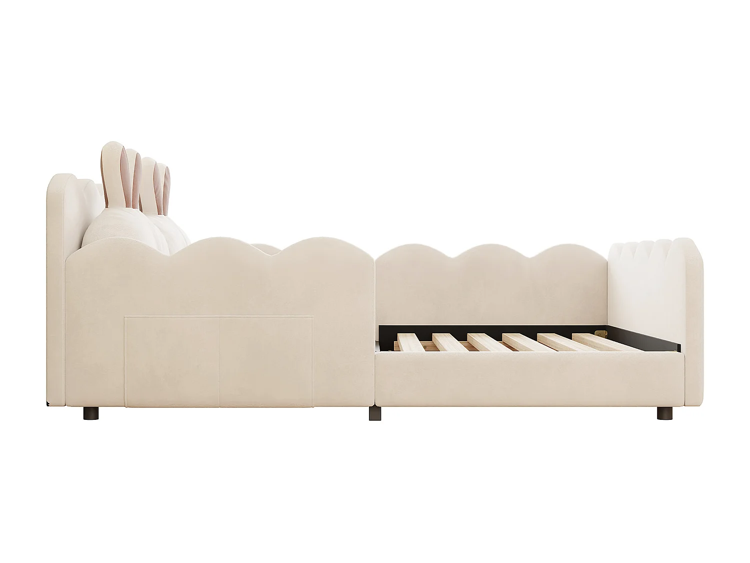 Lit enfant double 140 x 200 cm, coussin en forme de lapin, en MDF + velours beige, sans matalas