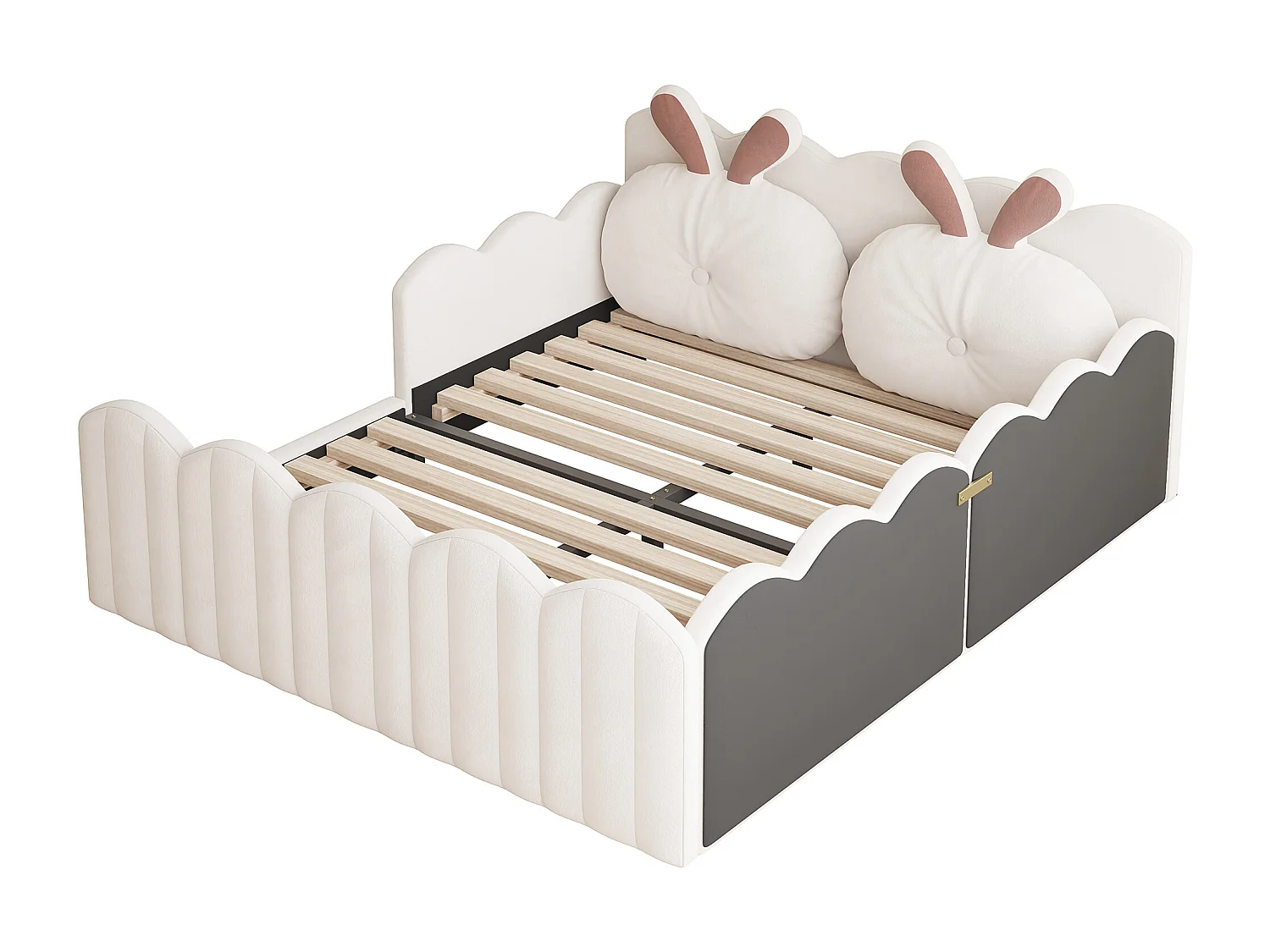 Lit enfant double 140 x 200 cm, coussin en forme de lapin, en MDF + velours beige, sans matalas