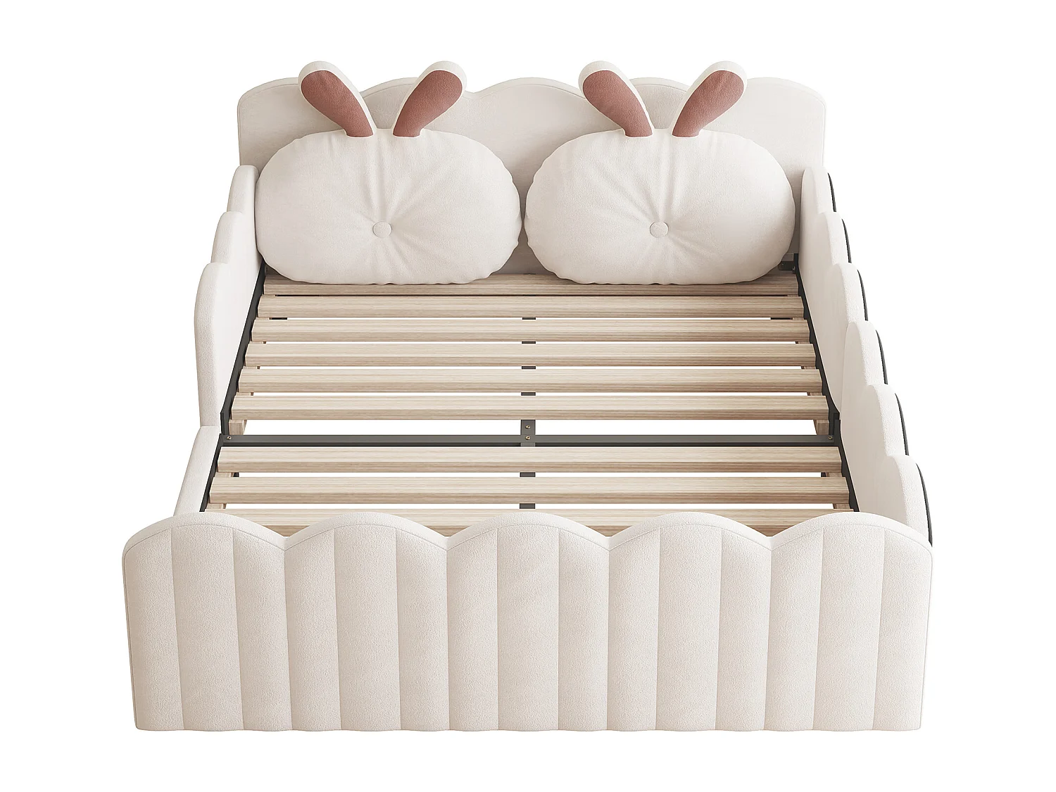 Lit enfant double 140 x 200 cm, coussin en forme de lapin, en MDF + velours beige, sans matalas