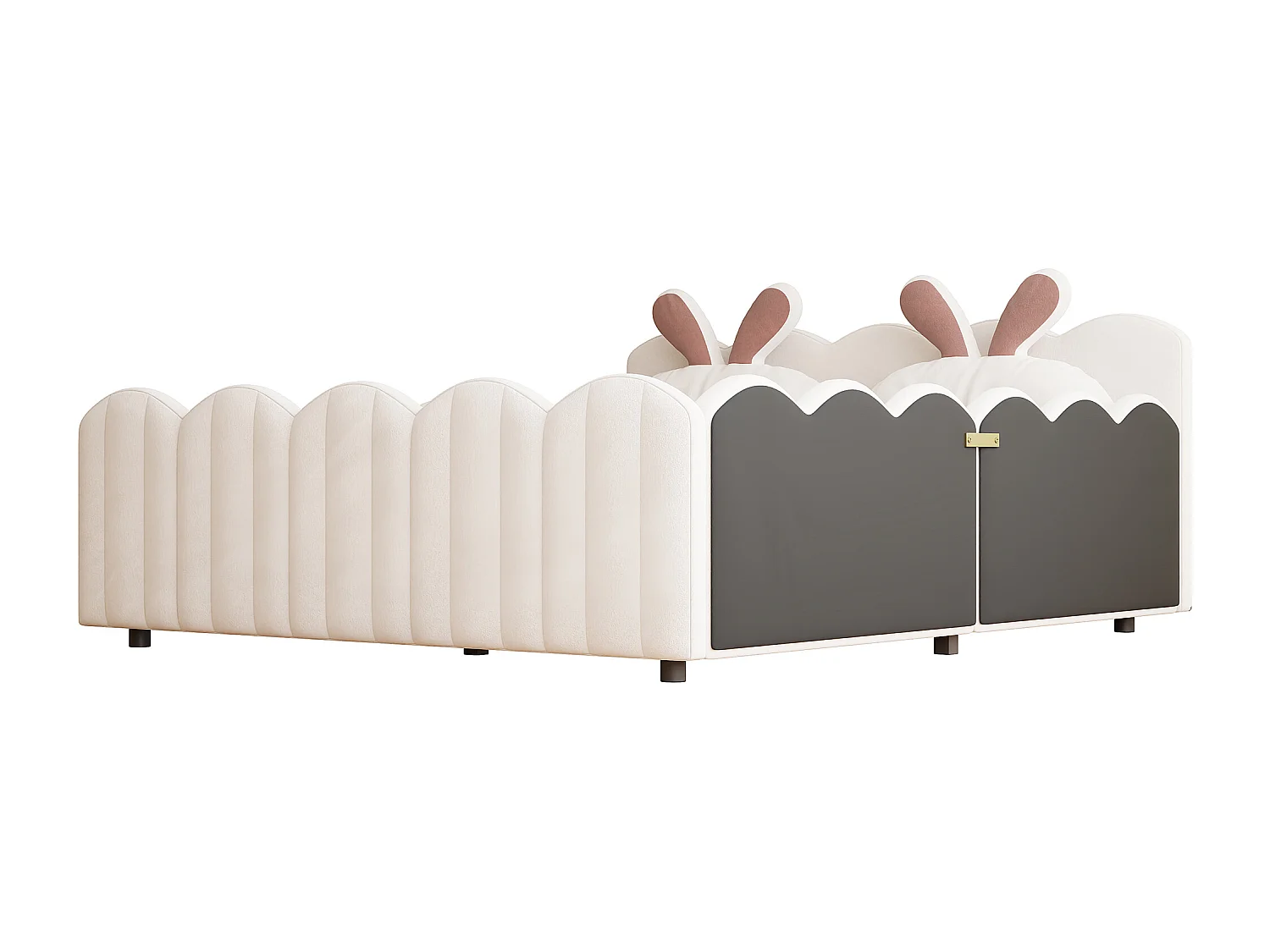 Lit enfant double 140 x 200 cm, coussin en forme de lapin, en MDF + velours beige, sans matalas