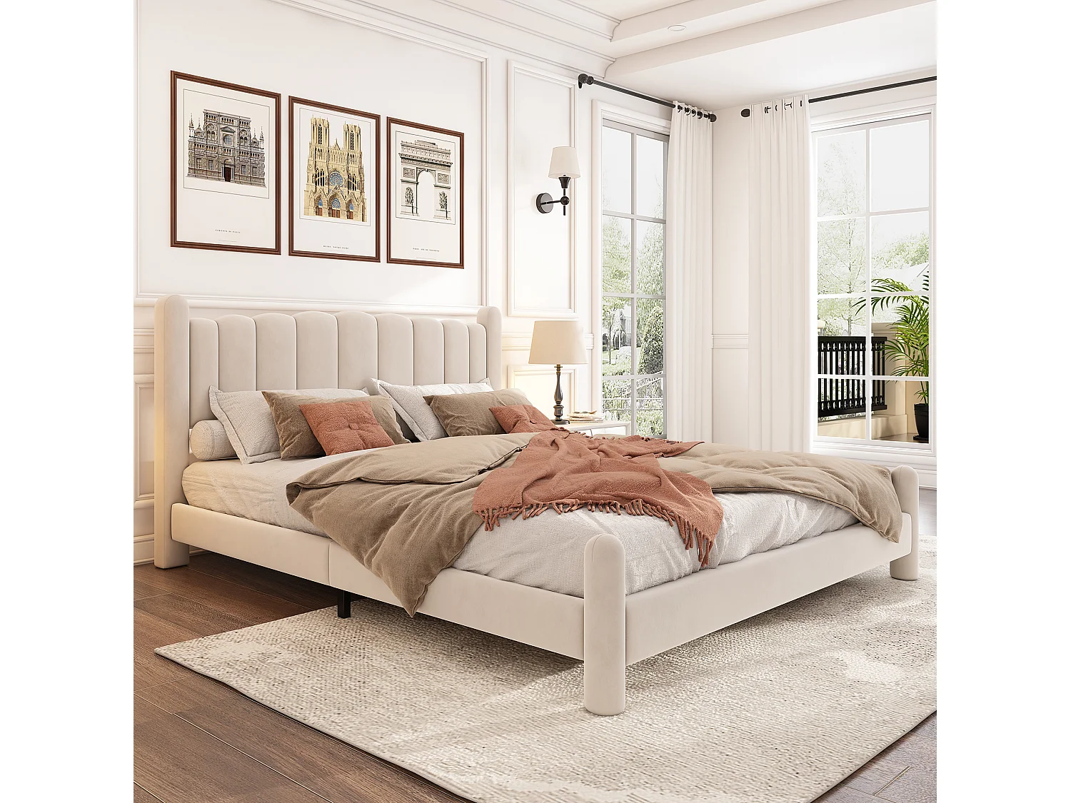 Lit double 160x200 cm, avec sommier et tête de lit, pieds cylindriques, velours beige, sans matelas