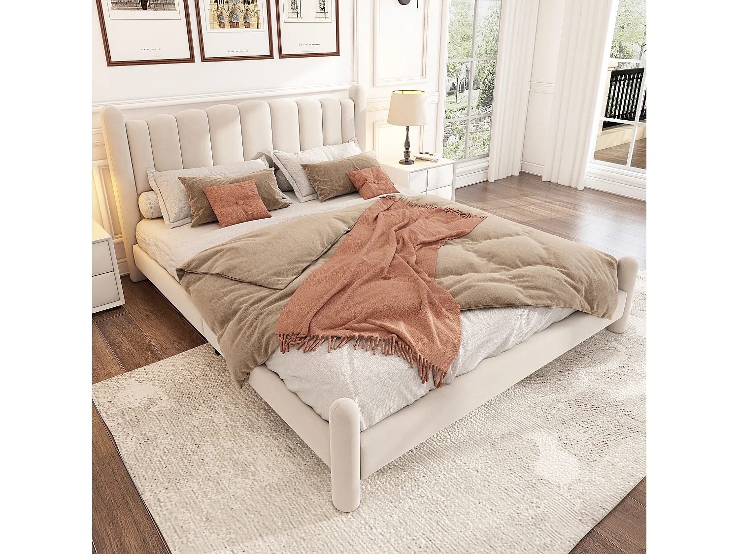 Lit double 160x200 cm, avec sommier et tête de lit, pieds cylindriques, velours beige, sans matelas