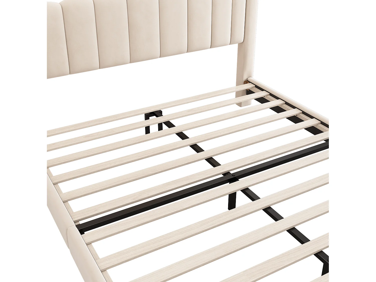 Lit double 160x200 cm, avec sommier et tête de lit, pieds cylindriques, velours beige, sans matelas