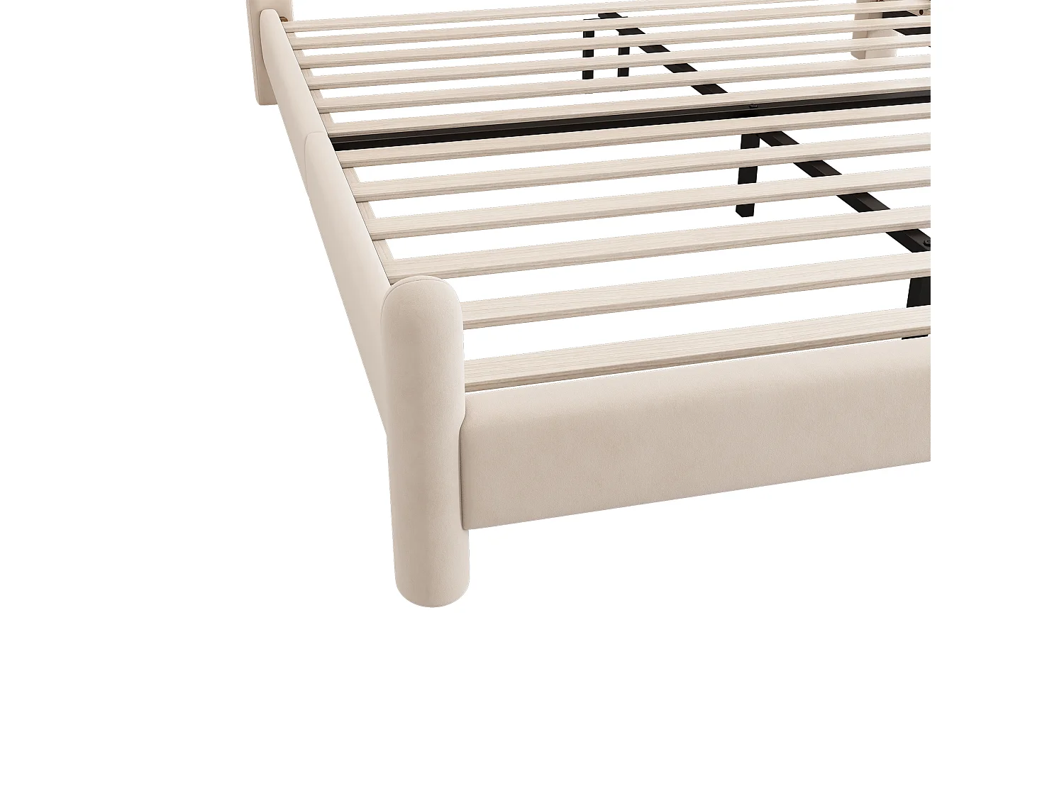 Lit double 160x200 cm, avec sommier et tête de lit, pieds cylindriques, velours beige, sans matelas