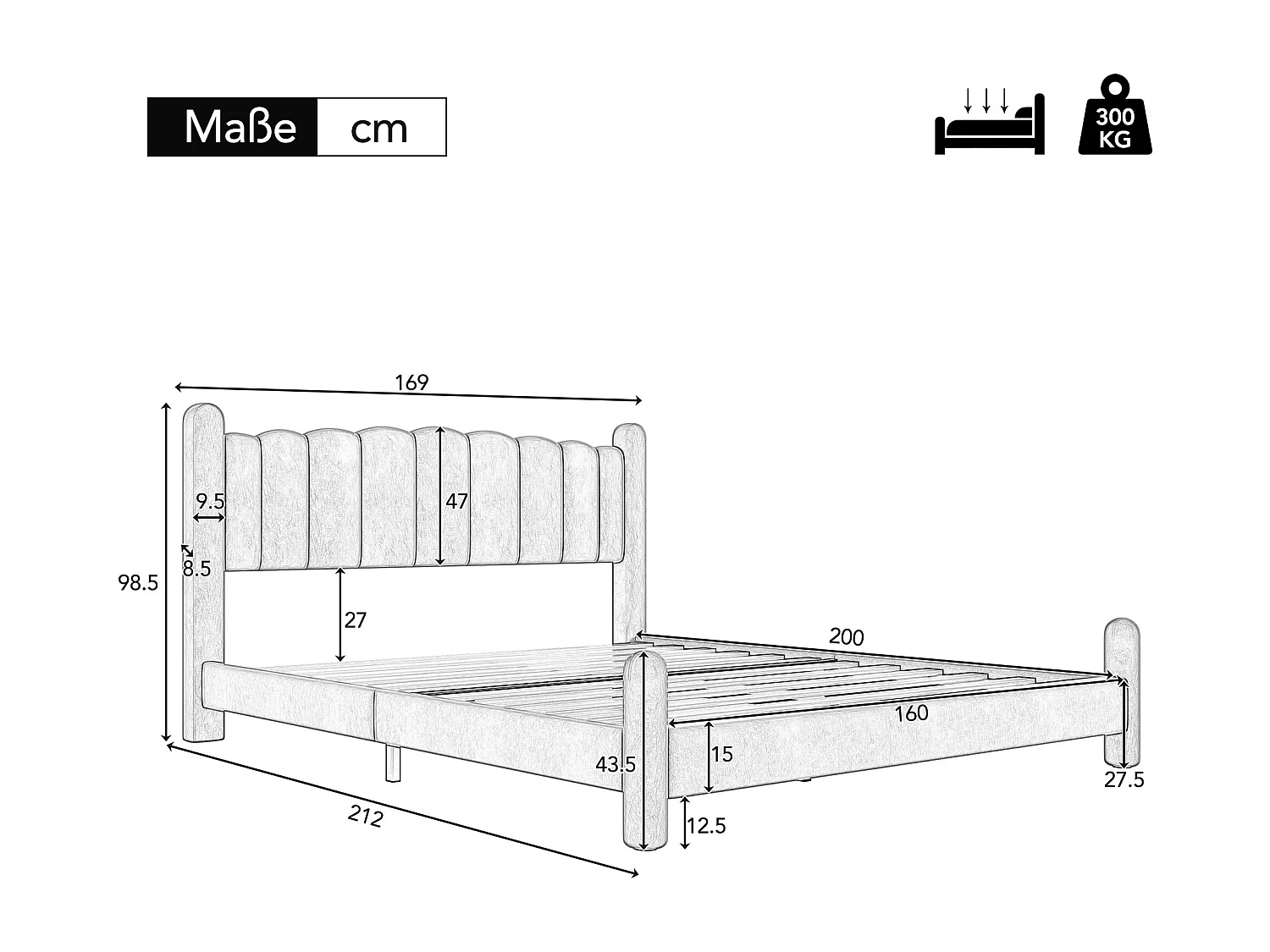 Lit double 160x200 cm, avec sommier et tête de lit, pieds cylindriques, velours beige, sans matelas
