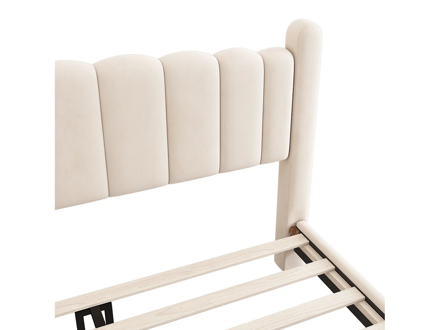 Lit double 160x200 cm, avec sommier et tête de lit, pieds cylindriques, velours beige, sans matelas