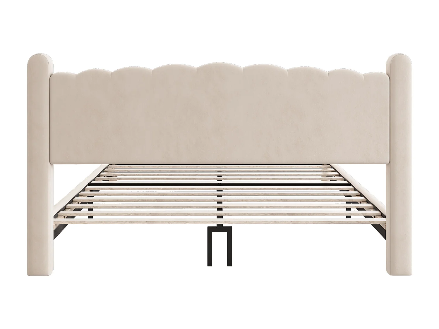 Lit double 160x200 cm, avec sommier et tête de lit, pieds cylindriques, velours beige, sans matelas