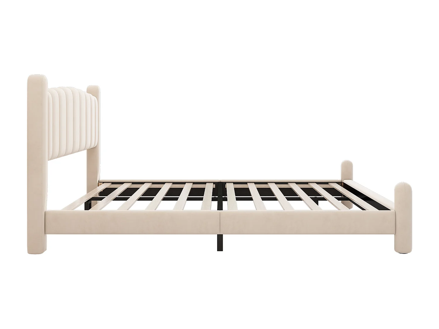 Lit double 160x200 cm, avec sommier et tête de lit, pieds cylindriques, velours beige, sans matelas