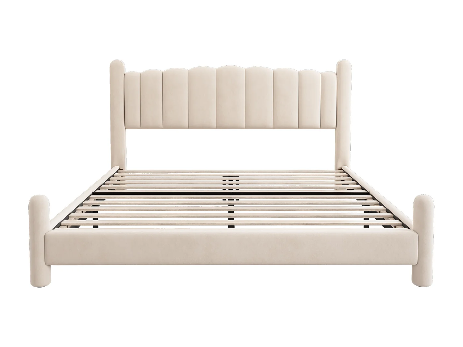 Lit double 160x200 cm, avec sommier et tête de lit, pieds cylindriques, velours beige, sans matelas