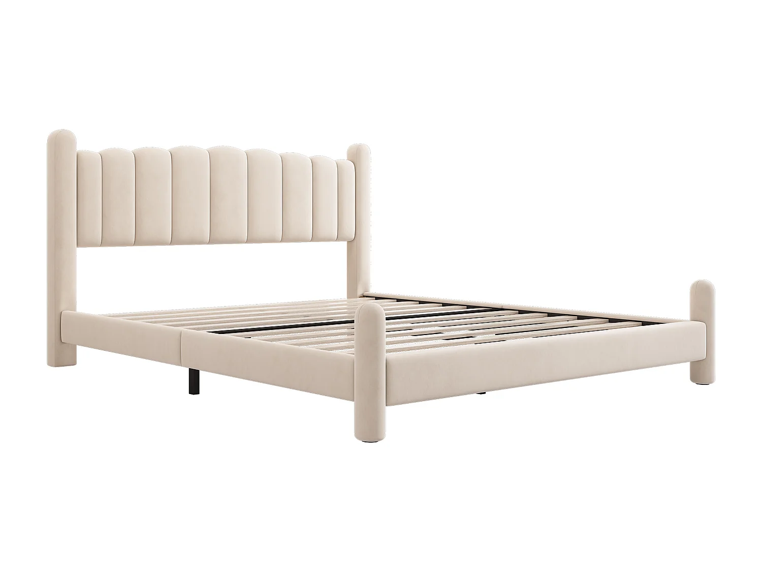 Lit double 160x200 cm, avec sommier et tête de lit, pieds cylindriques, velours beige, sans matelas