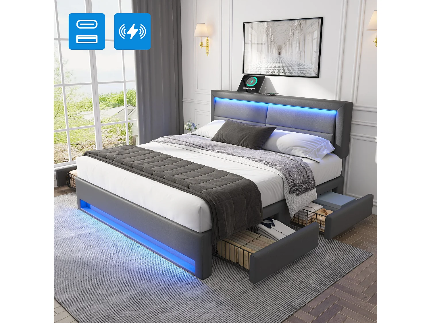 Cama Tapizada 160x200 Cm Con USB, LED Y 4 Cajones PU – Color Gris Sin Colchón