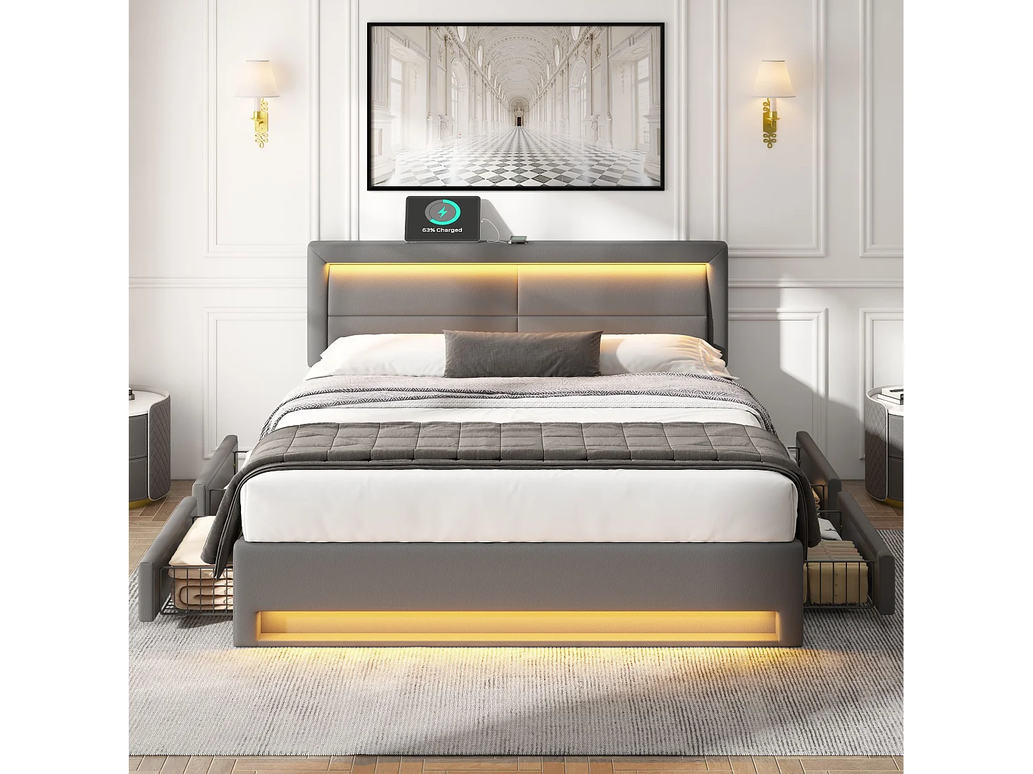 Cama Tapizada 160x200 Cm Con USB, LED Y 4 Cajones PU – Color Gris Sin Colchón