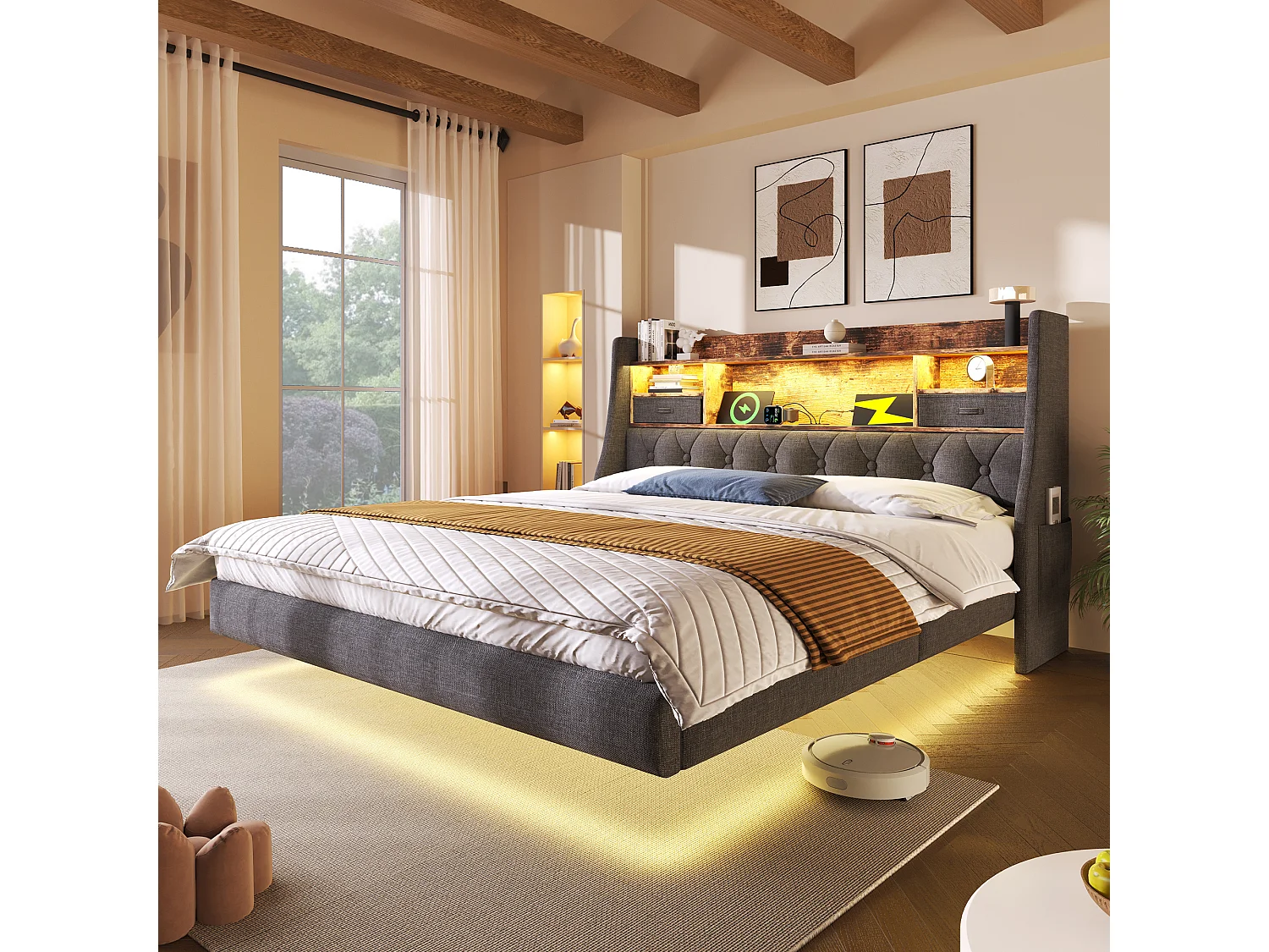 Lit double moderne 160 x 200 cm, port USB et Type-C, rangement, LED, Lit flottant, Lin gris, sans matelas