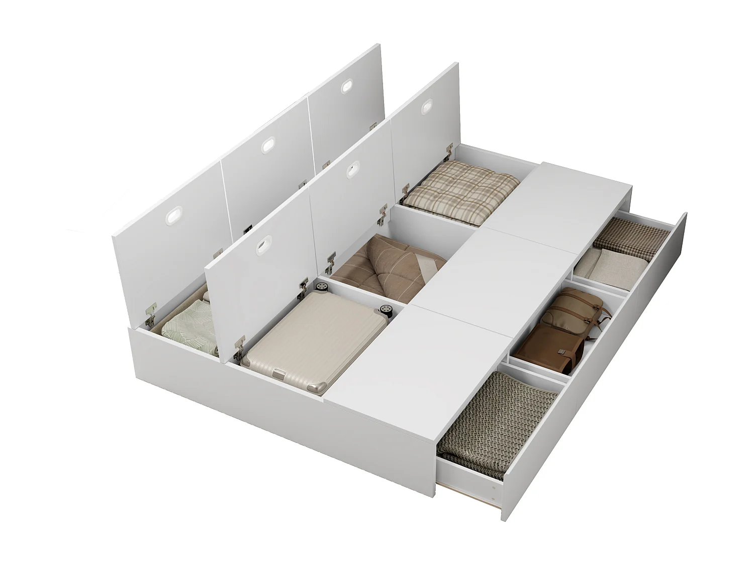 Lit adulte double 140 x 200 cm, espace de rangement sous le lit, sans tête de lit, en MDF blanc, sans matelas