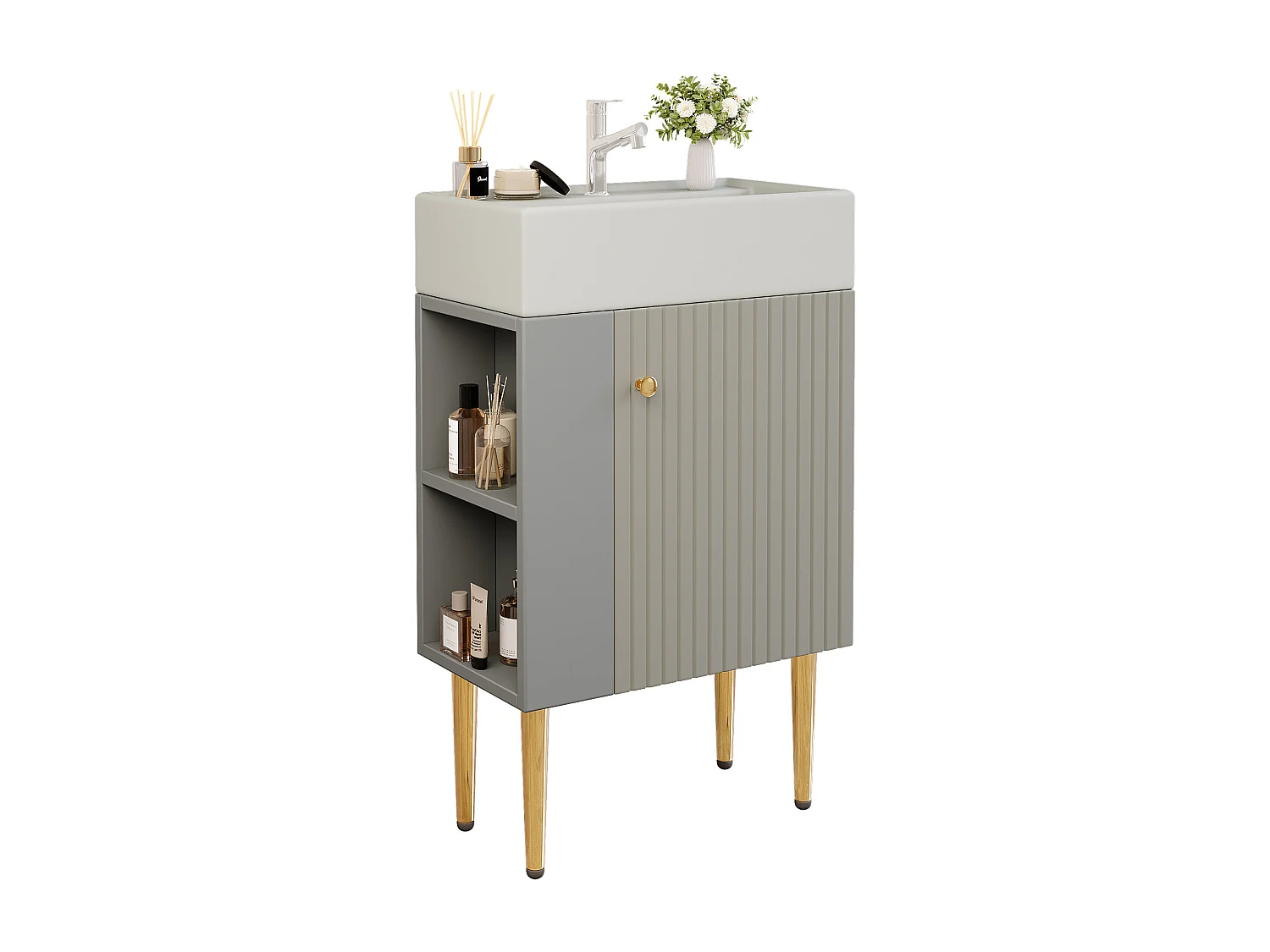 Meuble vasque moderne 55 x 31 x 91,5 cm avec rangement sous vasque, céramique  blanc + MDF gris clair