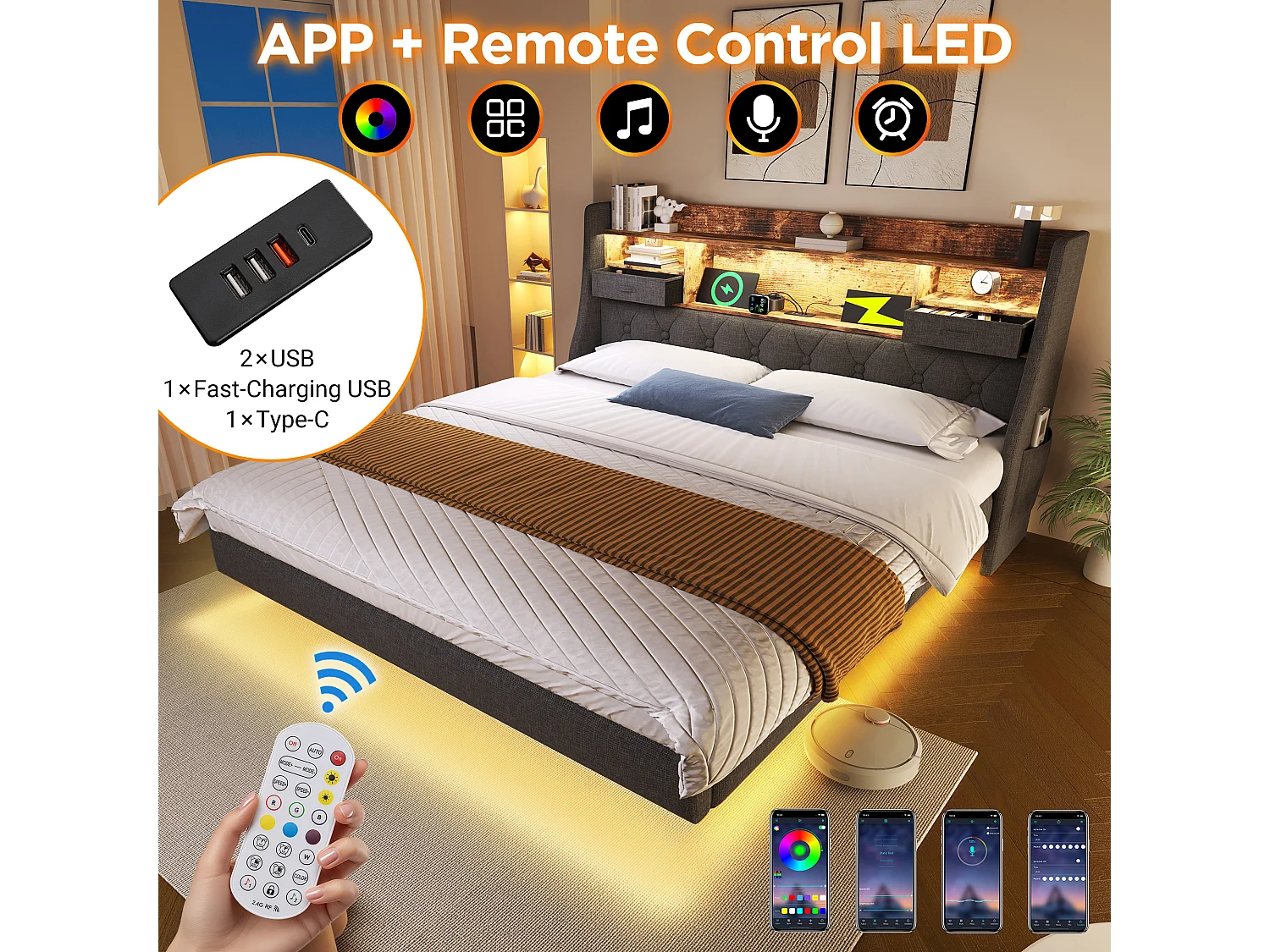 Lit double moderne 180 x 200 cm, port USB et Type-C, rangement, LED, Lit flottant, Lin gris, sans matelas