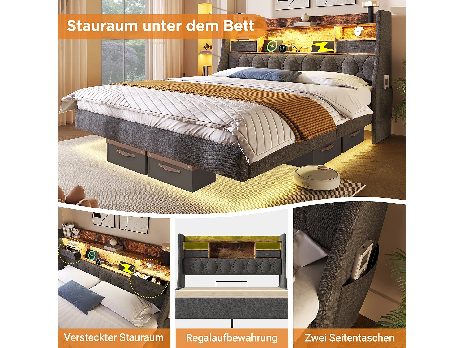 Lit double moderne 180 x 200 cm, port USB et Type-C, rangement, LED, Lit flottant, Lin gris, sans matelas