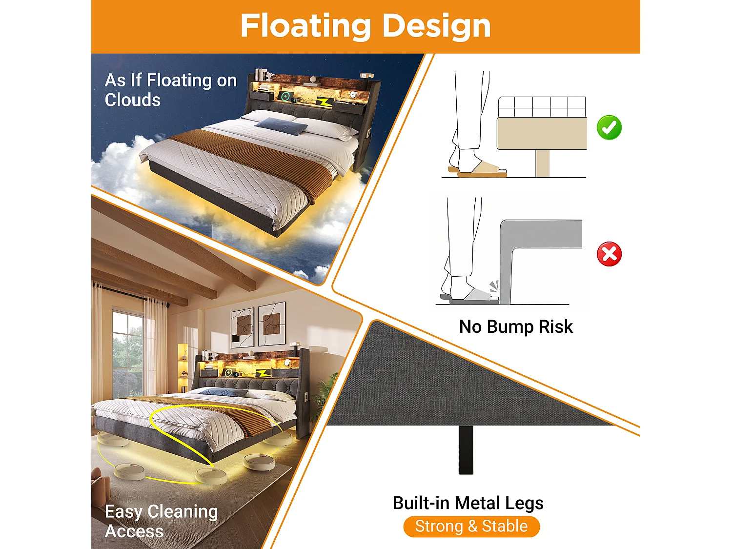 Lit double moderne 180 x 200 cm, port USB et Type-C, rangement, LED, Lit flottant, Lin gris, sans matelas