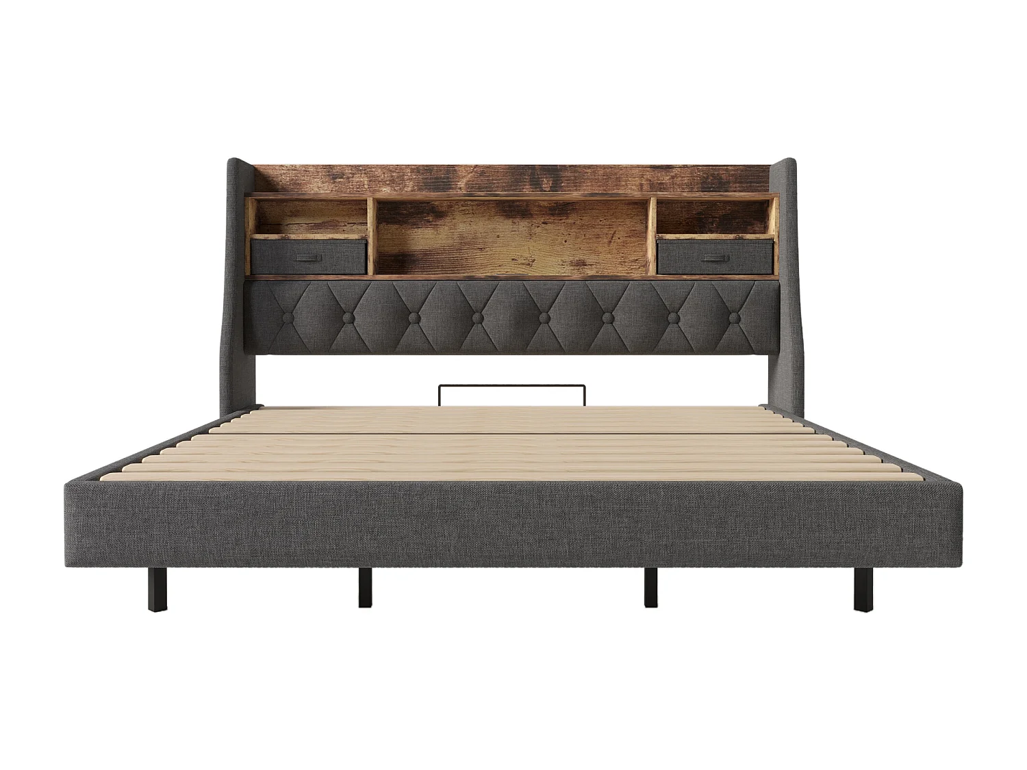 Lit double moderne 180 x 200 cm, port USB et Type-C, rangement, LED, Lit flottant, Lin gris, sans matelas