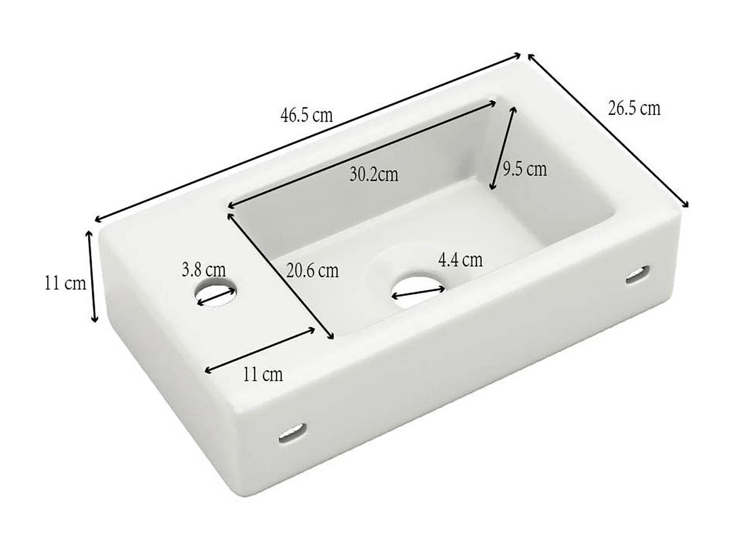 Meuble vasque suspendu 46,5x26,5x11 cm avec rangement sous vasque, style simple, céramique + MDF blanc