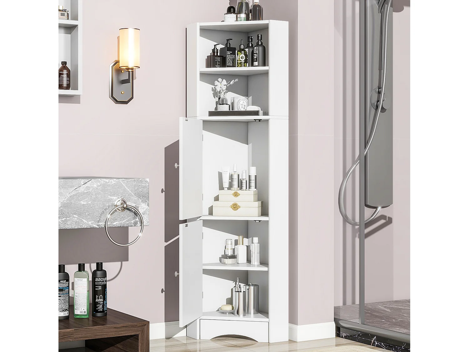 Colonne d'angle de salle de bain moderne 36,5x36,5x155 cm, étagères réglables, Panneaux de particules blanc