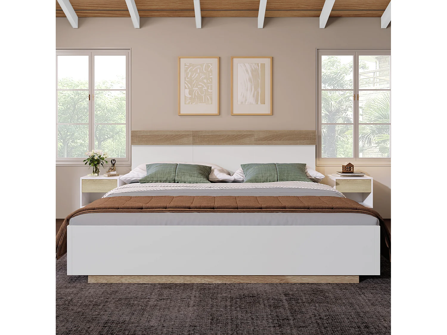 Lit double en bois 160x200 cm, style moderne, tête de lit, couleur de chêne Sonoma et  blanc, sans matelas