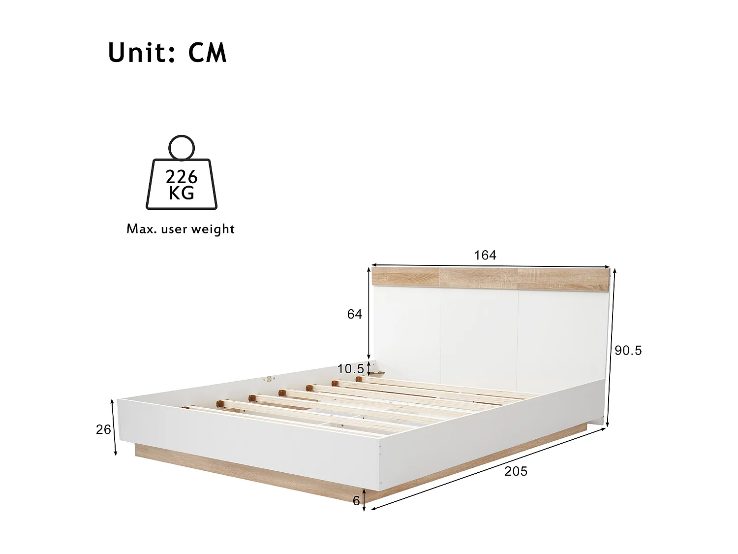 Lit double en bois 160x200 cm, style moderne, tête de lit, couleur de chêne Sonoma et  blanc, sans matelas