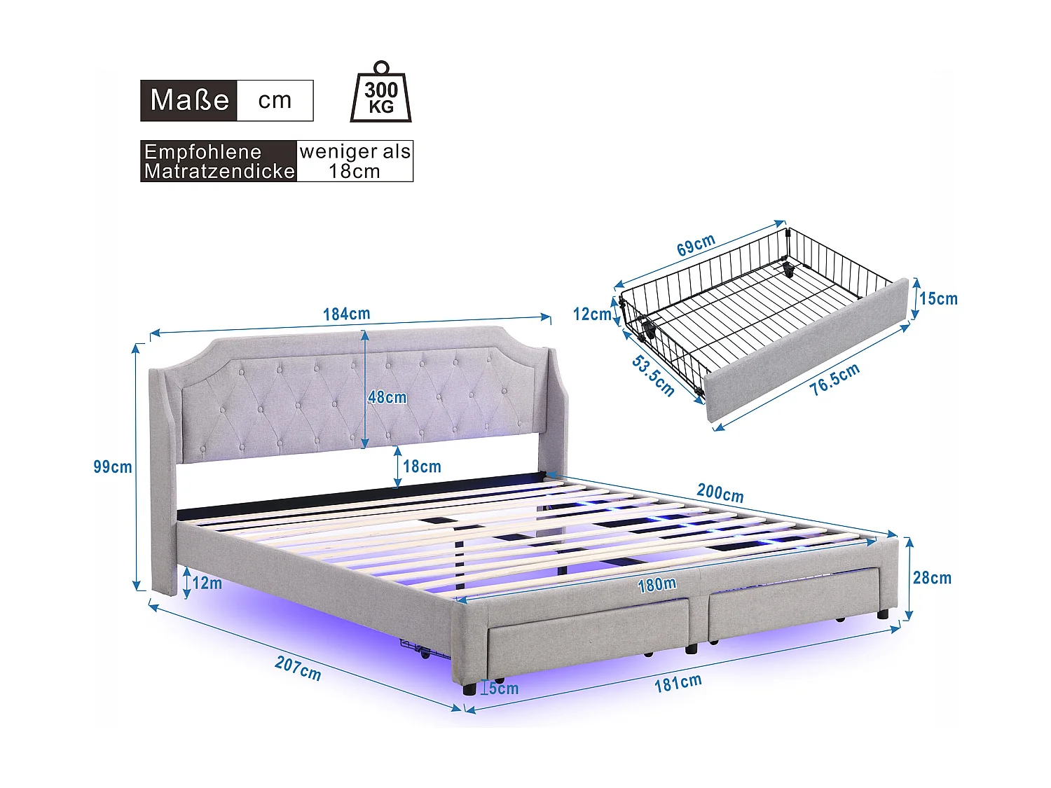 Gestoffeerd Bed 180x200 cm - Linnen Bekleed Met LED Verlichting - Met Lattenbodem En 2 Laden - Voor Volwassenen En Jongeren - Grijs - Zonder matras