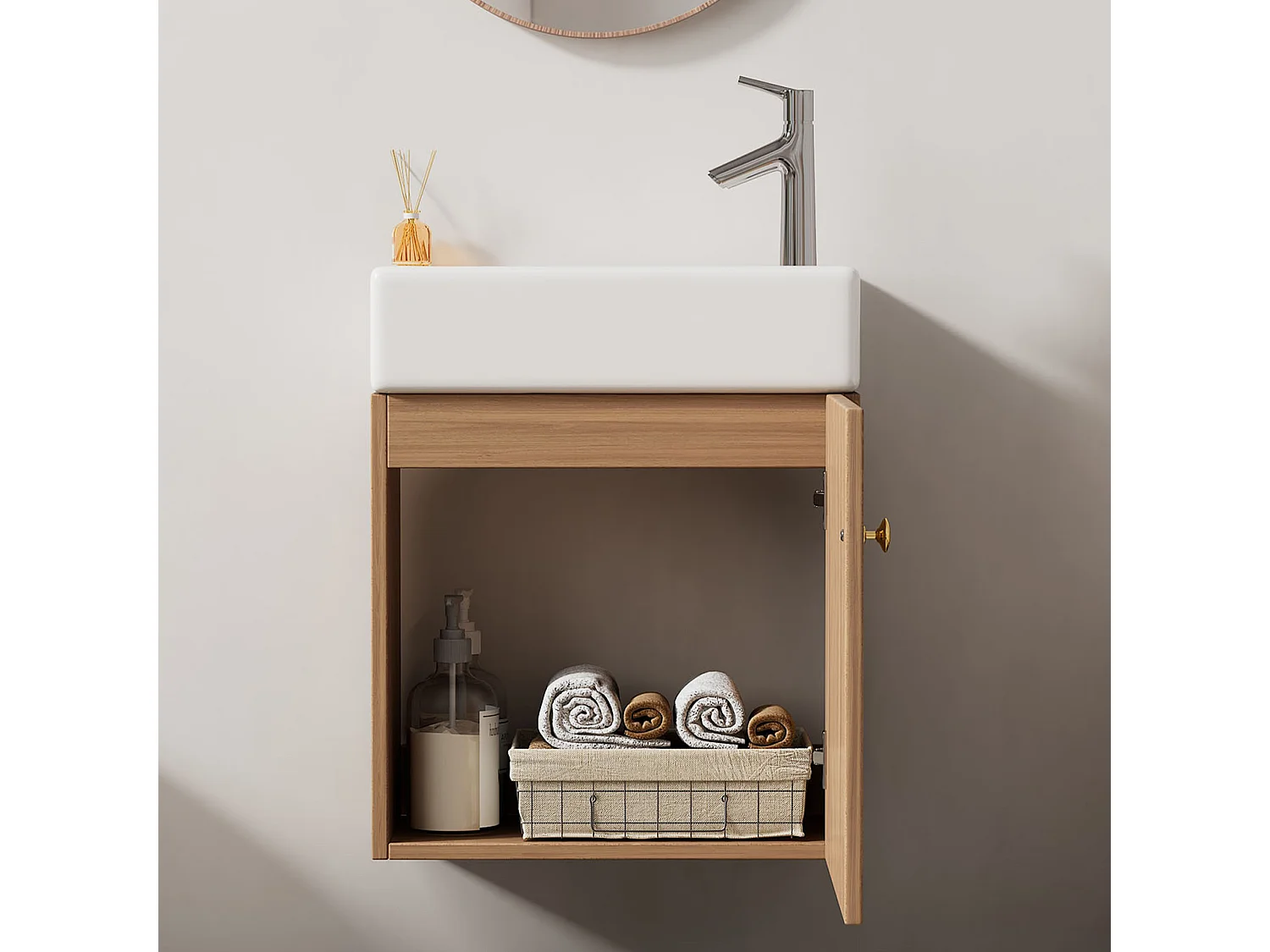 Meuble vasque suspendu 46,5x26,5x11 cm avec rangement sous vasque, style simple, céramique  blanc+MDF naturel