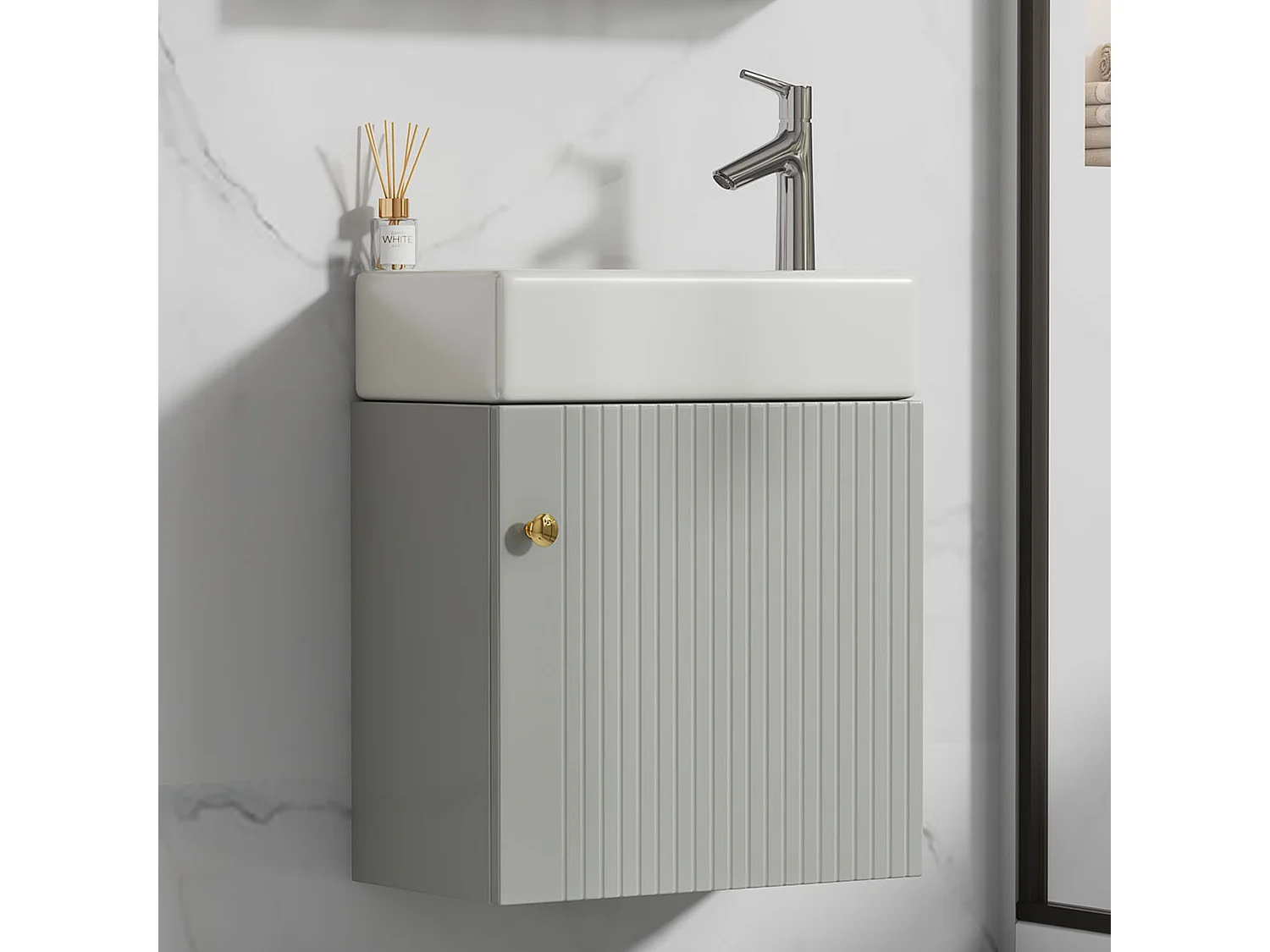Meuble vasque suspendu 46,5x26,5x11 cm avec rangement sous vasque, style simple, céramique  blanc+MDF gris