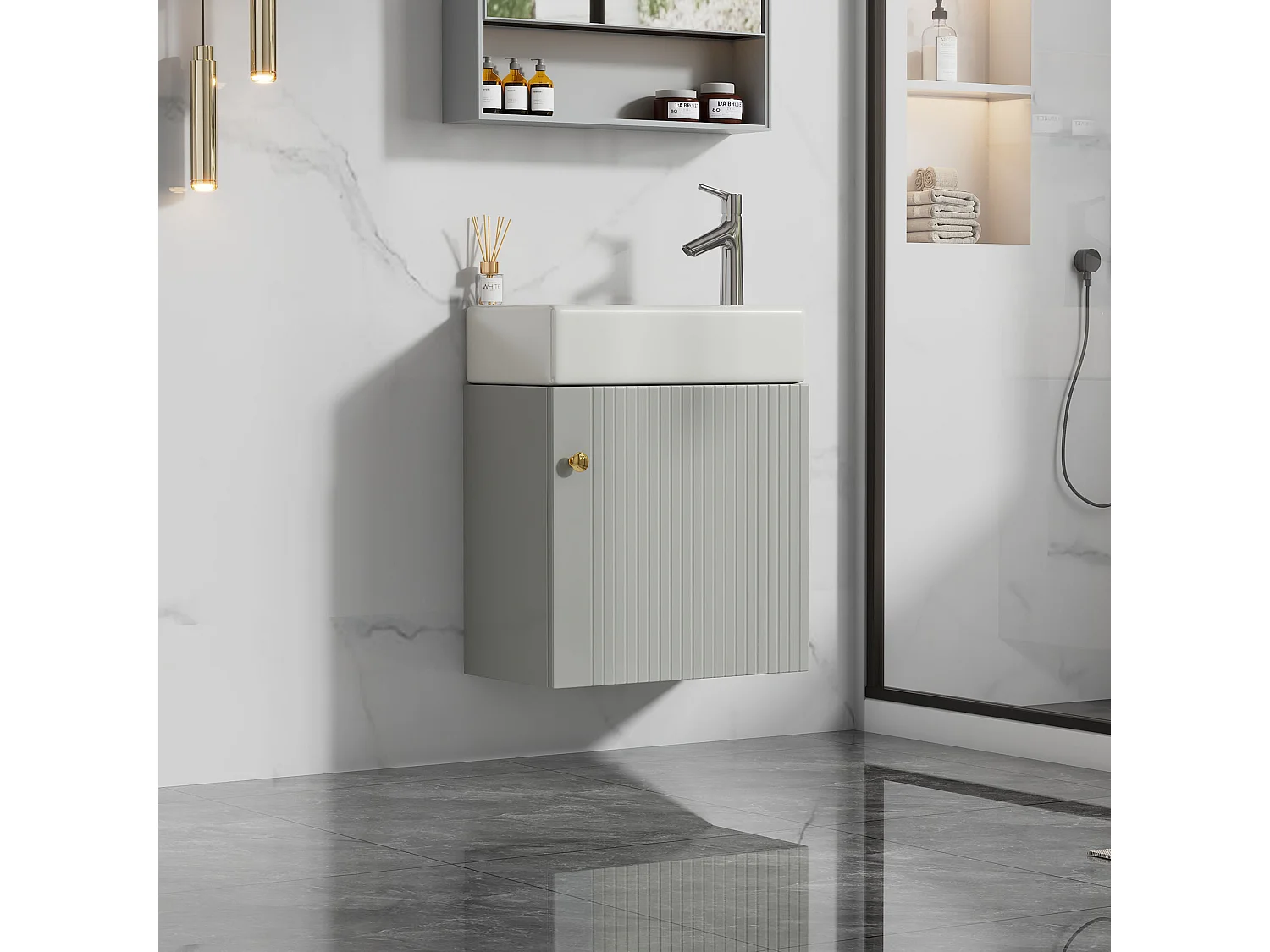 Meuble vasque suspendu 46,5x26,5x11 cm avec rangement sous vasque, style simple, céramique  blanc+MDF gris