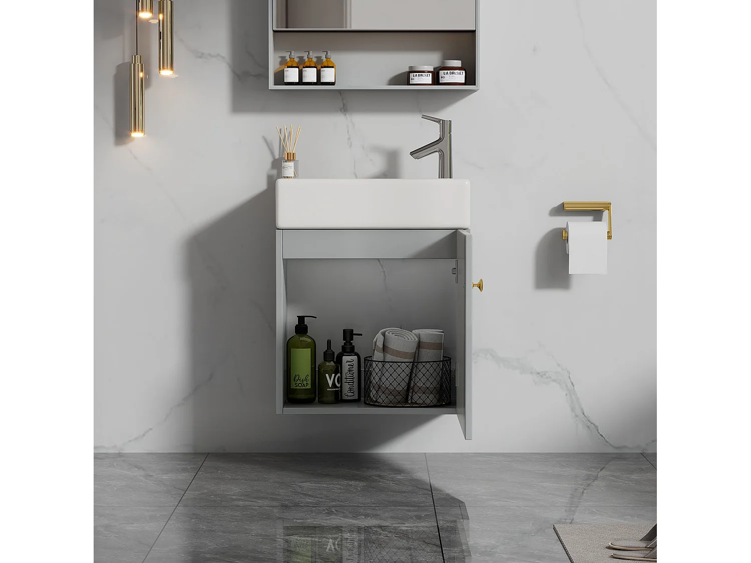 Meuble vasque suspendu 46,5x26,5x11 cm avec rangement sous vasque, style simple, céramique  blanc+MDF gris