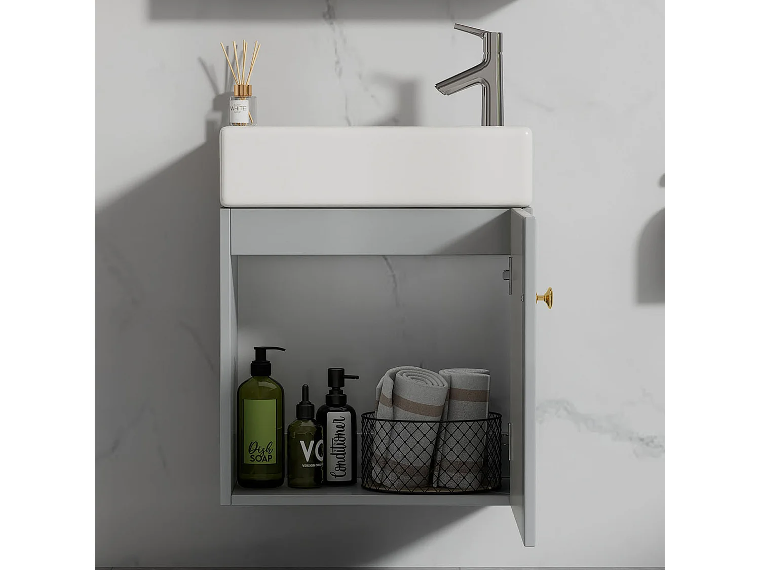 Meuble vasque suspendu 46,5x26,5x11 cm avec rangement sous vasque, style simple, céramique  blanc+MDF gris