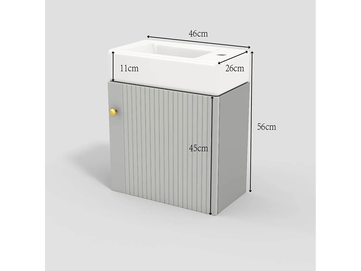 Meuble vasque suspendu 46,5x26,5x11 cm avec rangement sous vasque, style simple, céramique  blanc+MDF gris