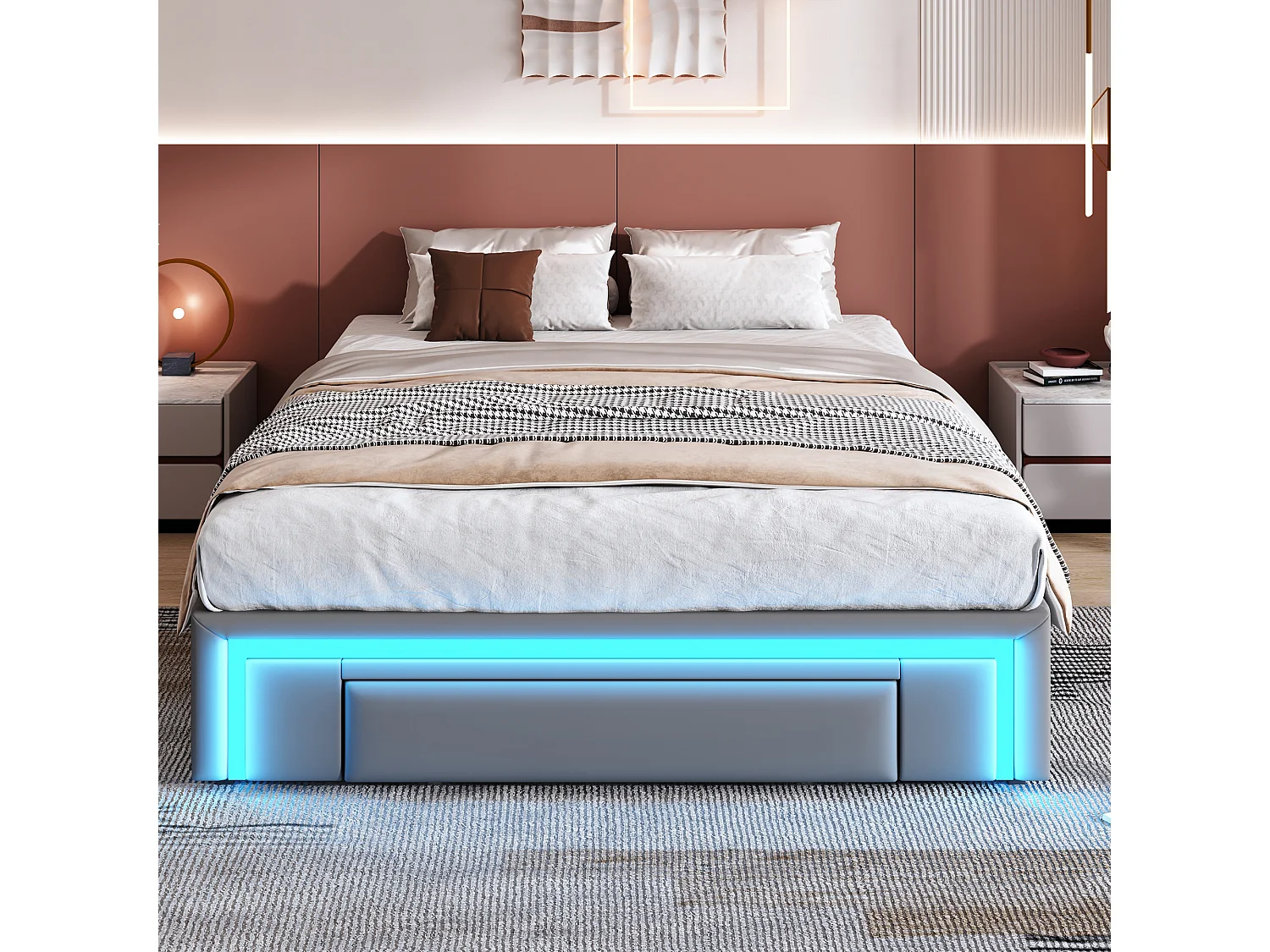 Cama Tapizada 140x200 Cm Con Cajones Y Luz LED PU – Color Gris