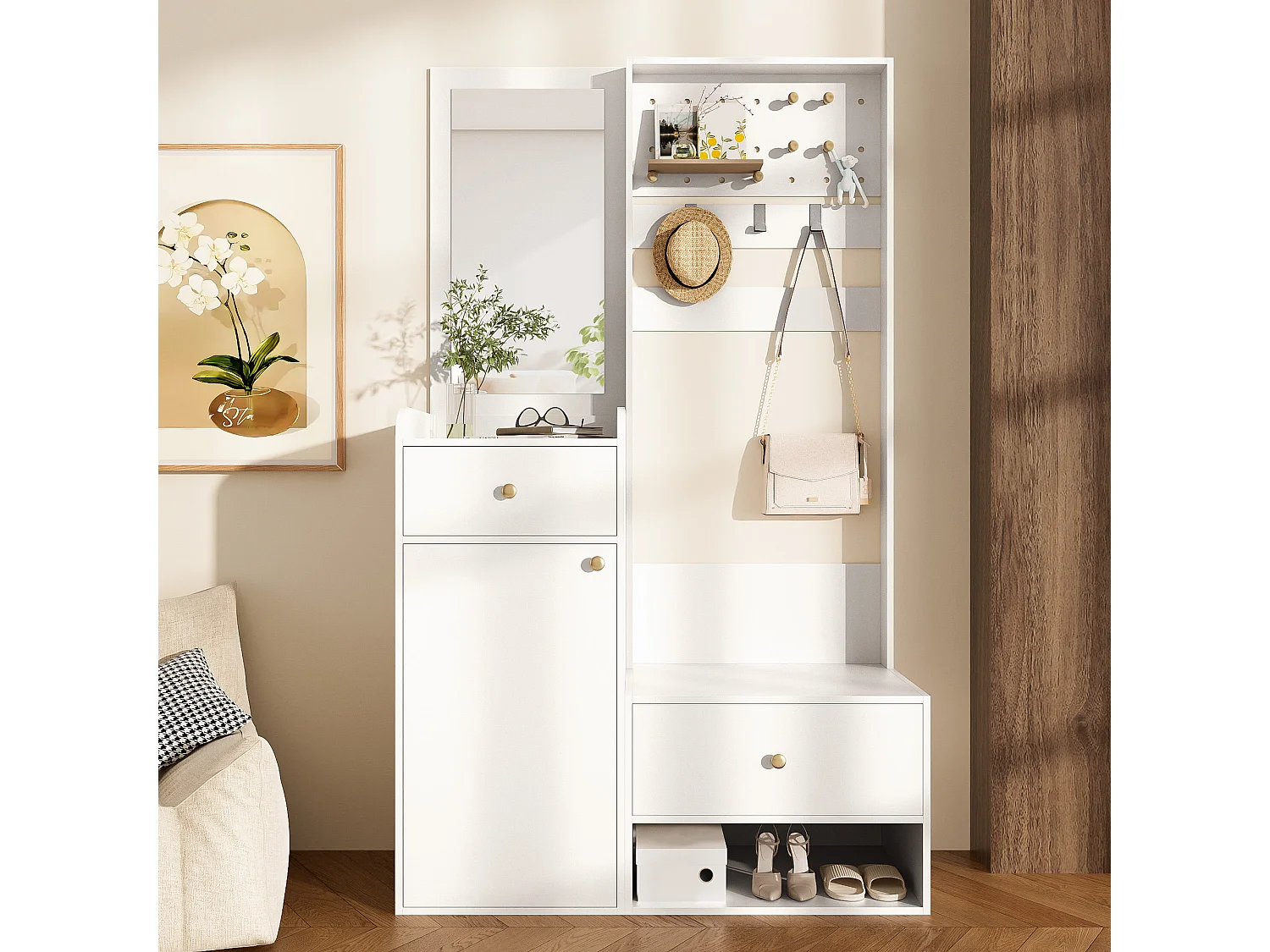 Garderobekast – Multifunctioneel Halmeubel – 105x38x180 cm – 2 Lades 1 Deur 1 Open Vak – Wit Spaanplaat – Met Spiegel en Verstelbare Haken