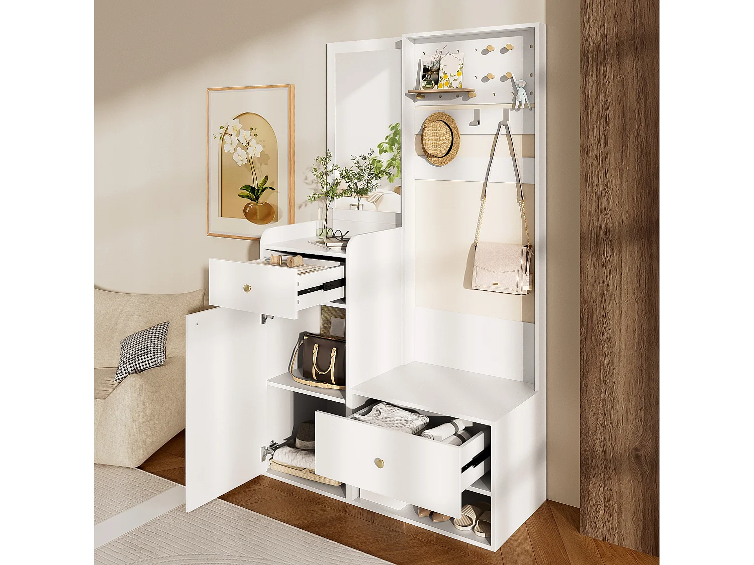 Garderobekast – Multifunctioneel Halmeubel – 105x38x180 cm – 2 Lades 1 Deur 1 Open Vak – Wit Spaanplaat – Met Spiegel en Verstelbare Haken