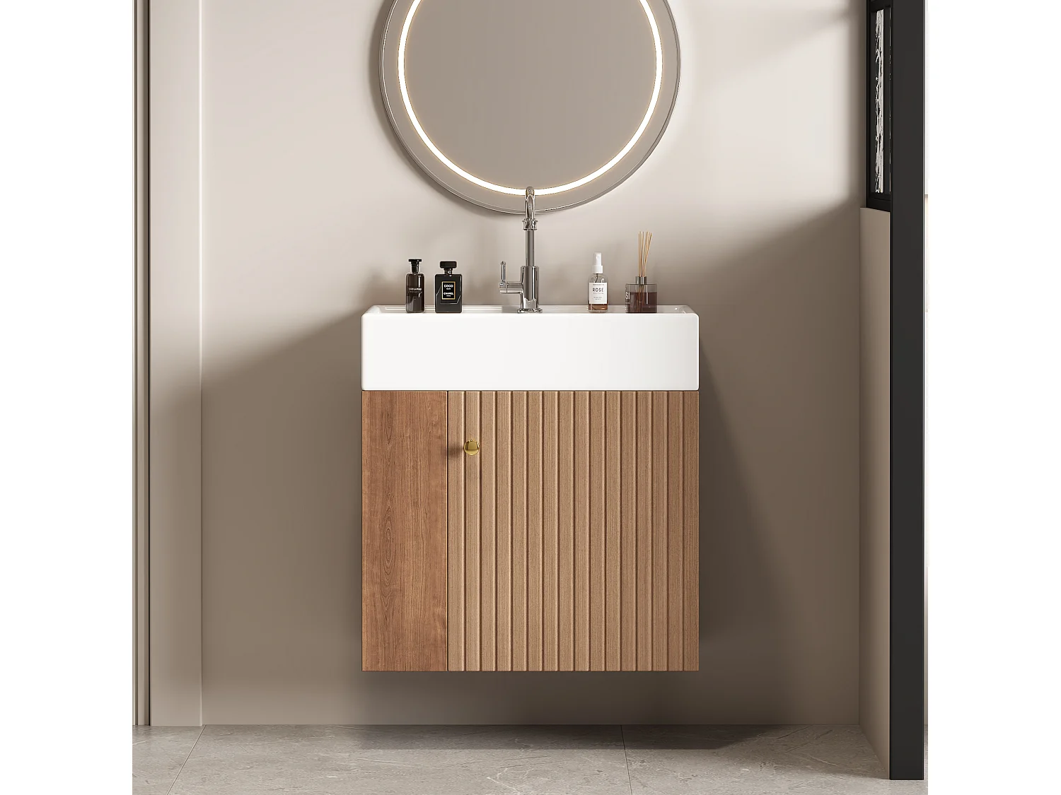 Meuble vasque suspendu 55x31x66,5 cm avec rangement sous vasque, style simple, céramique  blanc + MDF marron