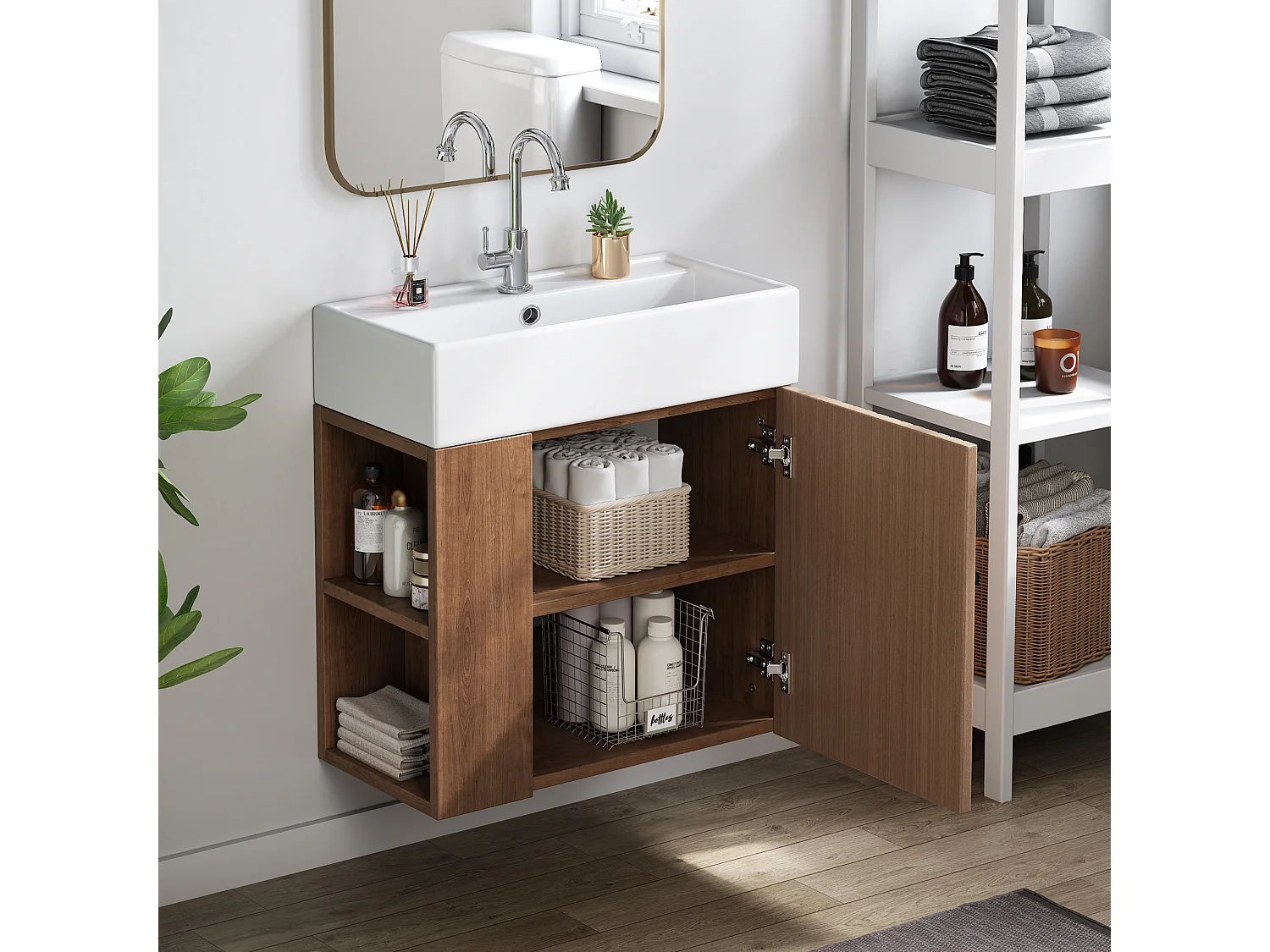 Meuble vasque suspendu 55x31x66,5 cm avec rangement sous vasque, style simple, céramique  blanc + MDF marron