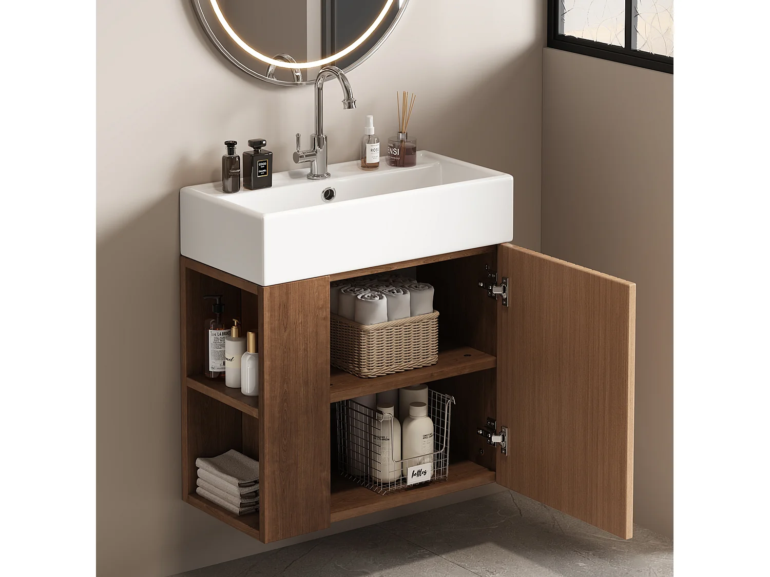 Meuble vasque suspendu 55x31x66,5 cm avec rangement sous vasque, style simple, céramique  blanc + MDF marron