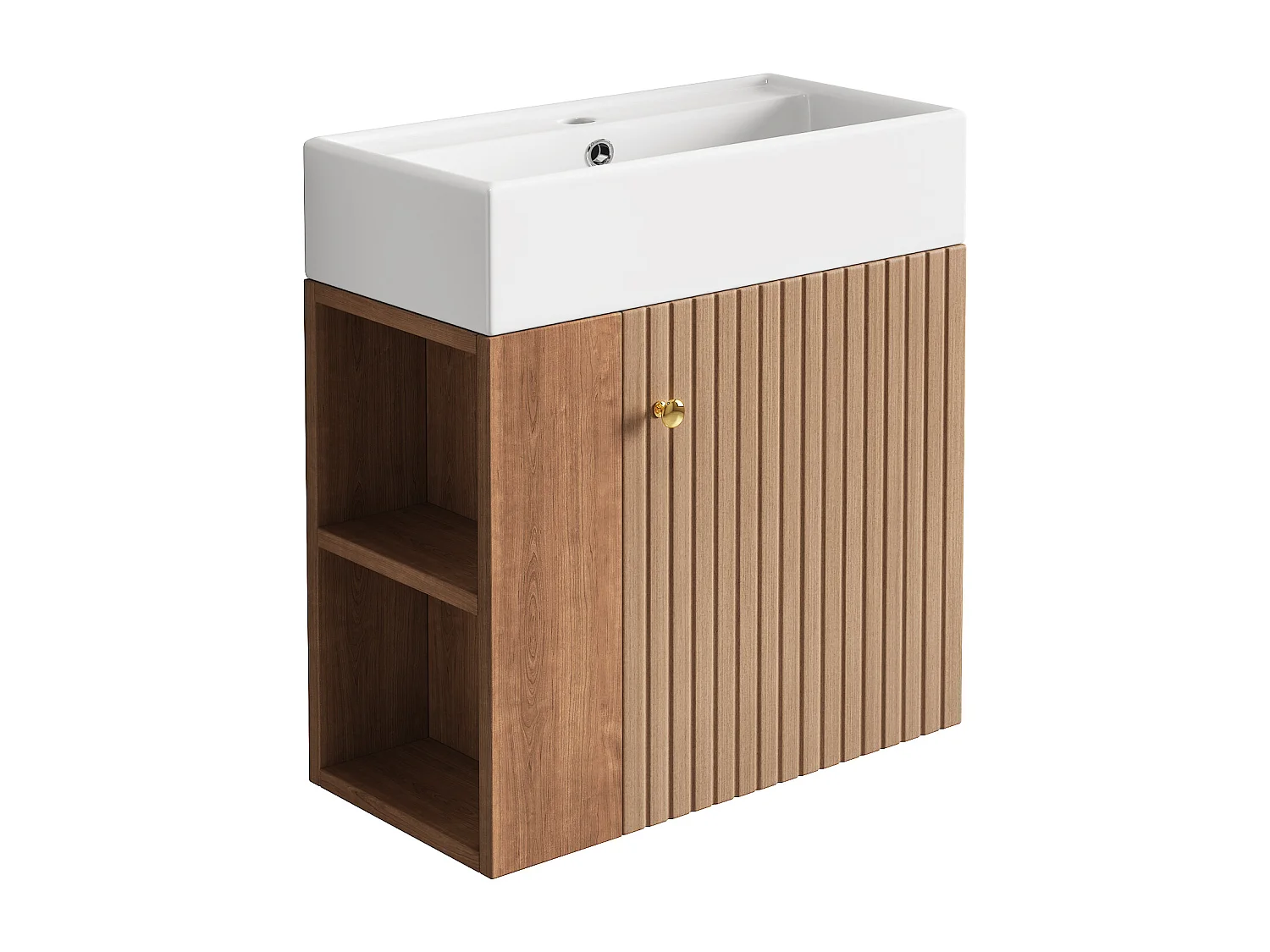 Meuble vasque suspendu 55x31x66,5 cm avec rangement sous vasque, style simple, céramique  blanc + MDF marron