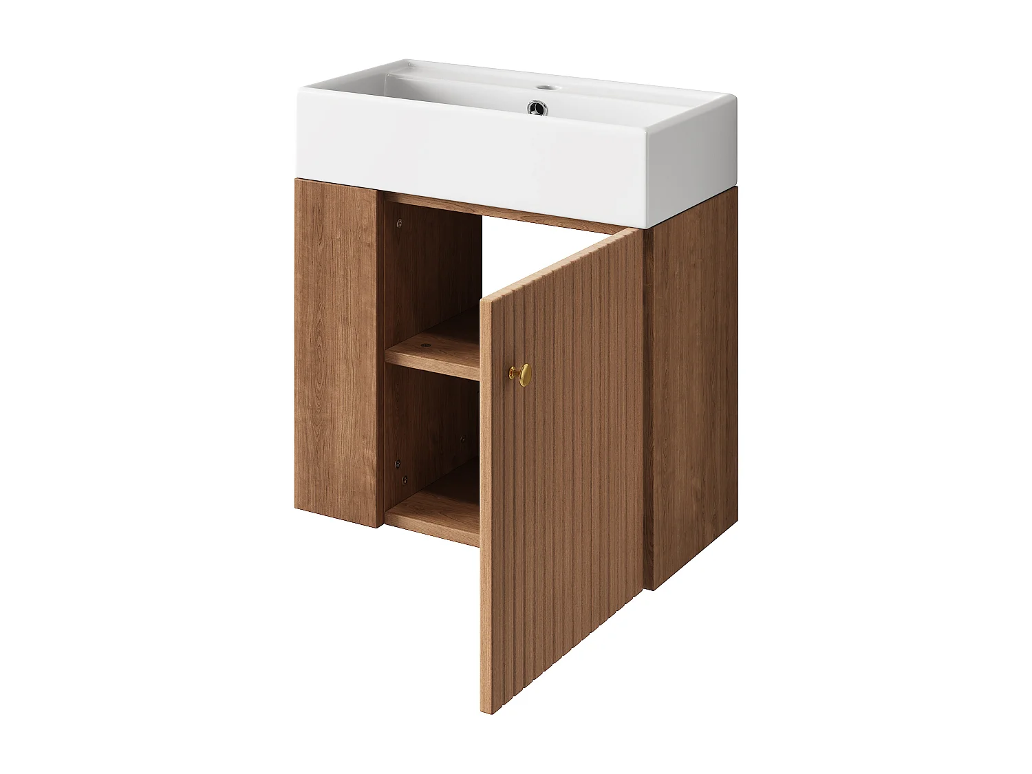 Meuble vasque suspendu 55x31x66,5 cm avec rangement sous vasque, style simple, céramique  blanc + MDF marron
