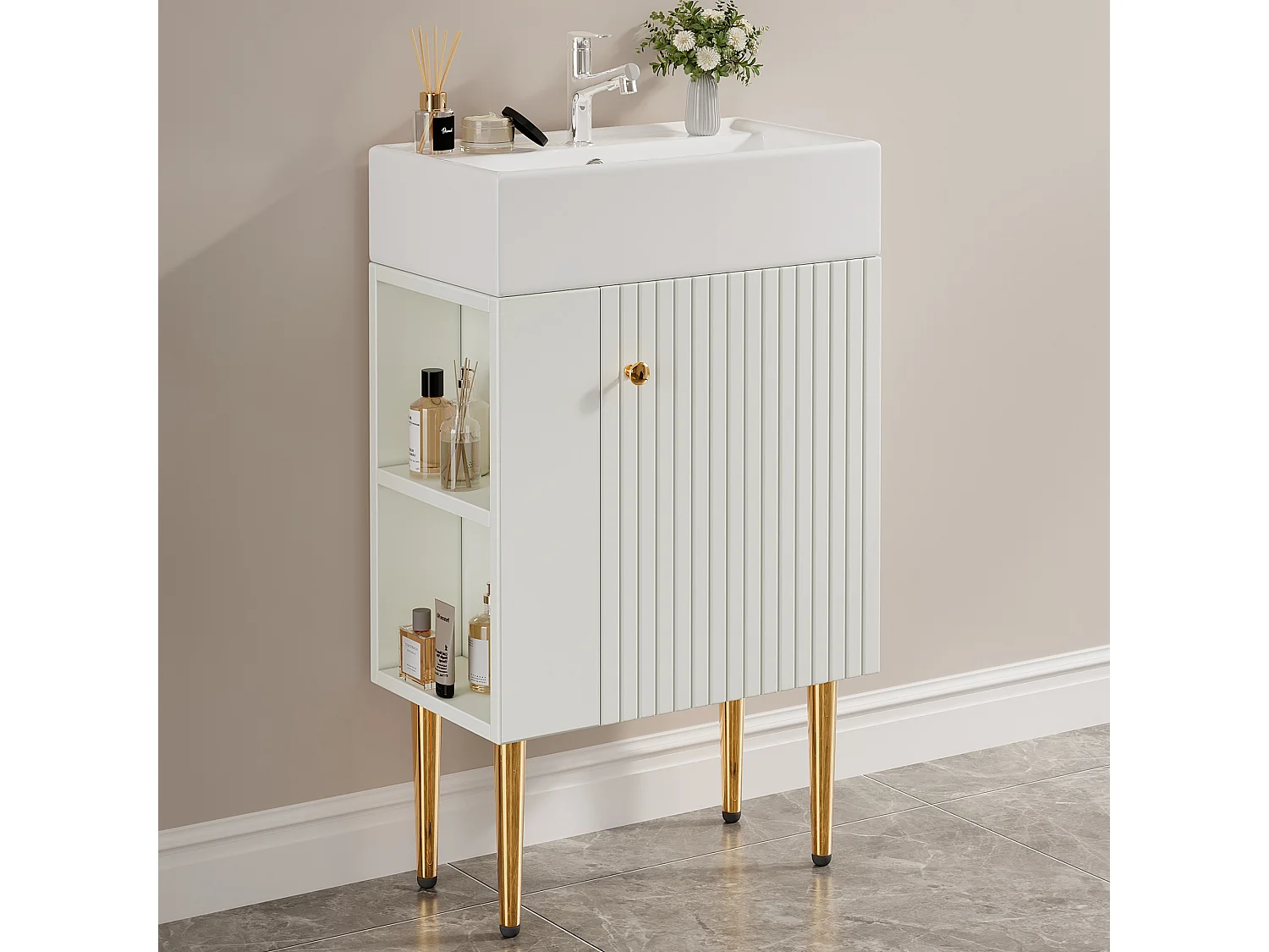Meuble vasque moderne 55 x 31 x 91,5 cm avec rangement sous vasque, céramique + MDF blanc